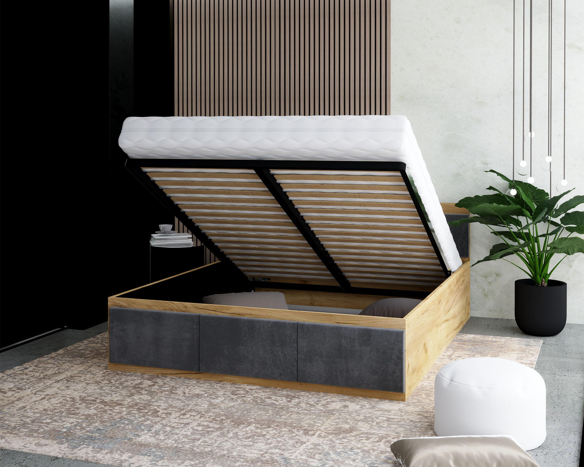 Manželská postel PANAMA T 140x200 se zvedacím kovovým roštem DUB ŠEDÁ