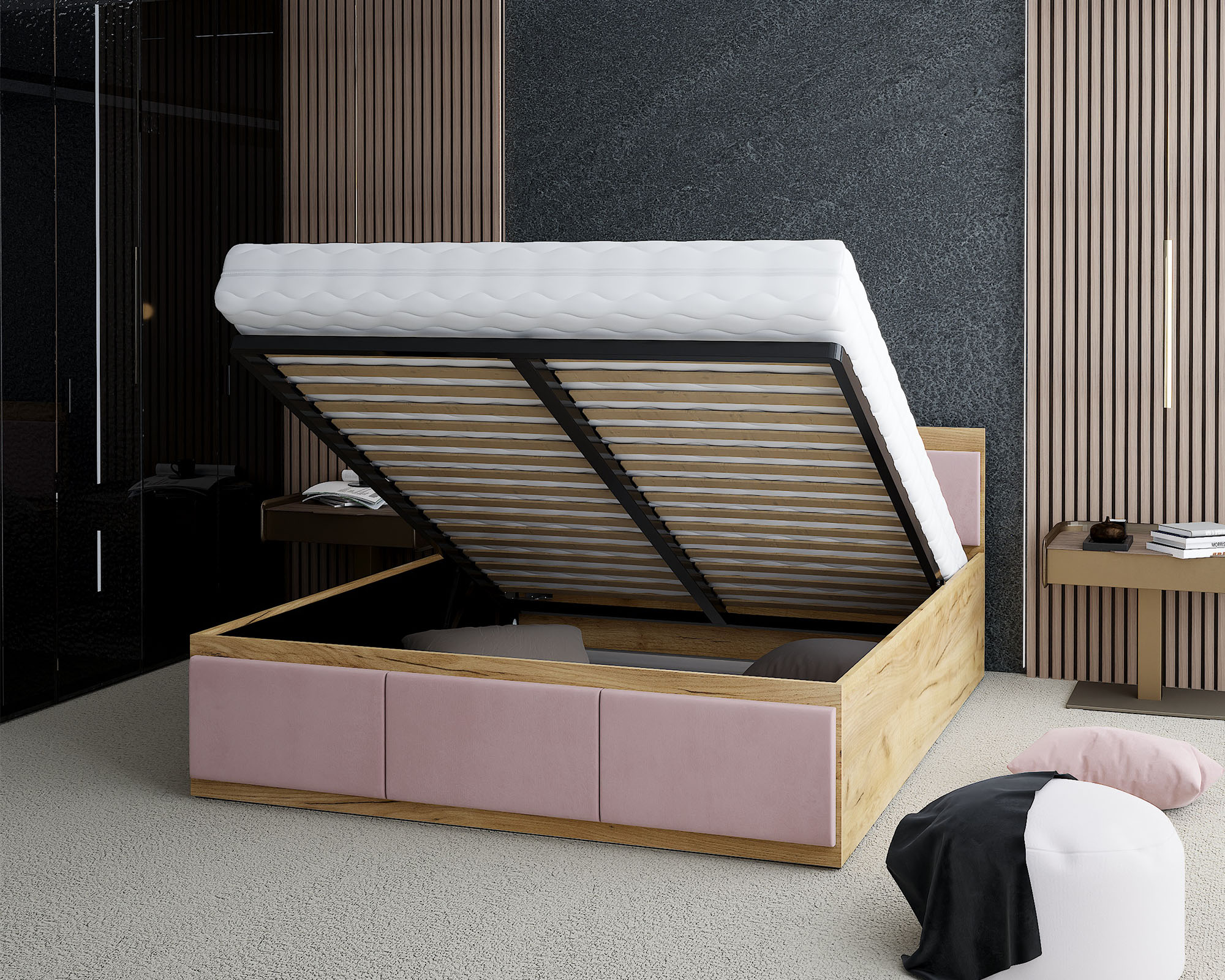 Manželská postel PANAMA T 160x200 se zvedacím kovovým roštem DUB RŮŽOVÁ