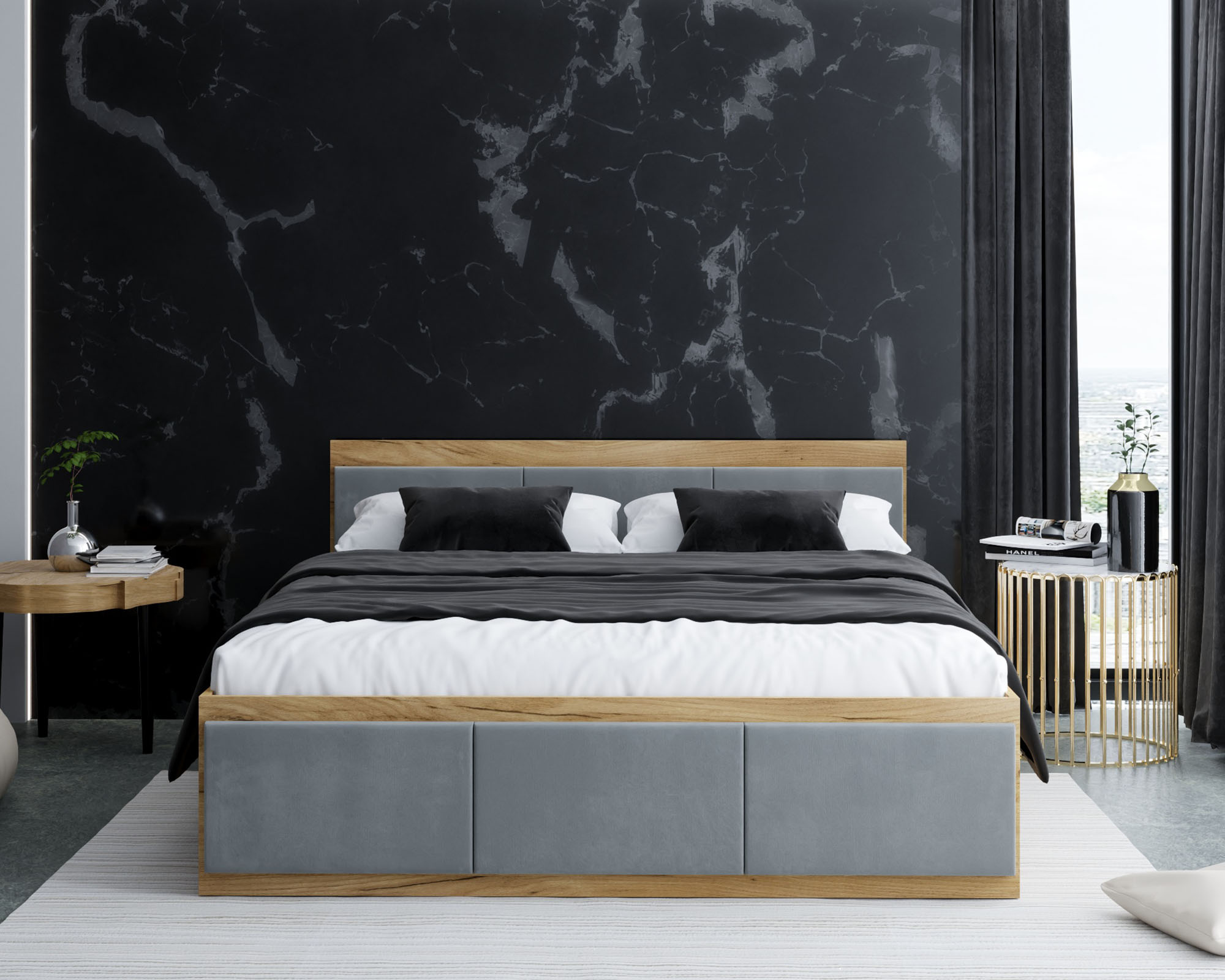 Manželská postel PANAMA T 160x200 se zvedacím kovovým roštem DUB SVĚTLE ŠEDÁ