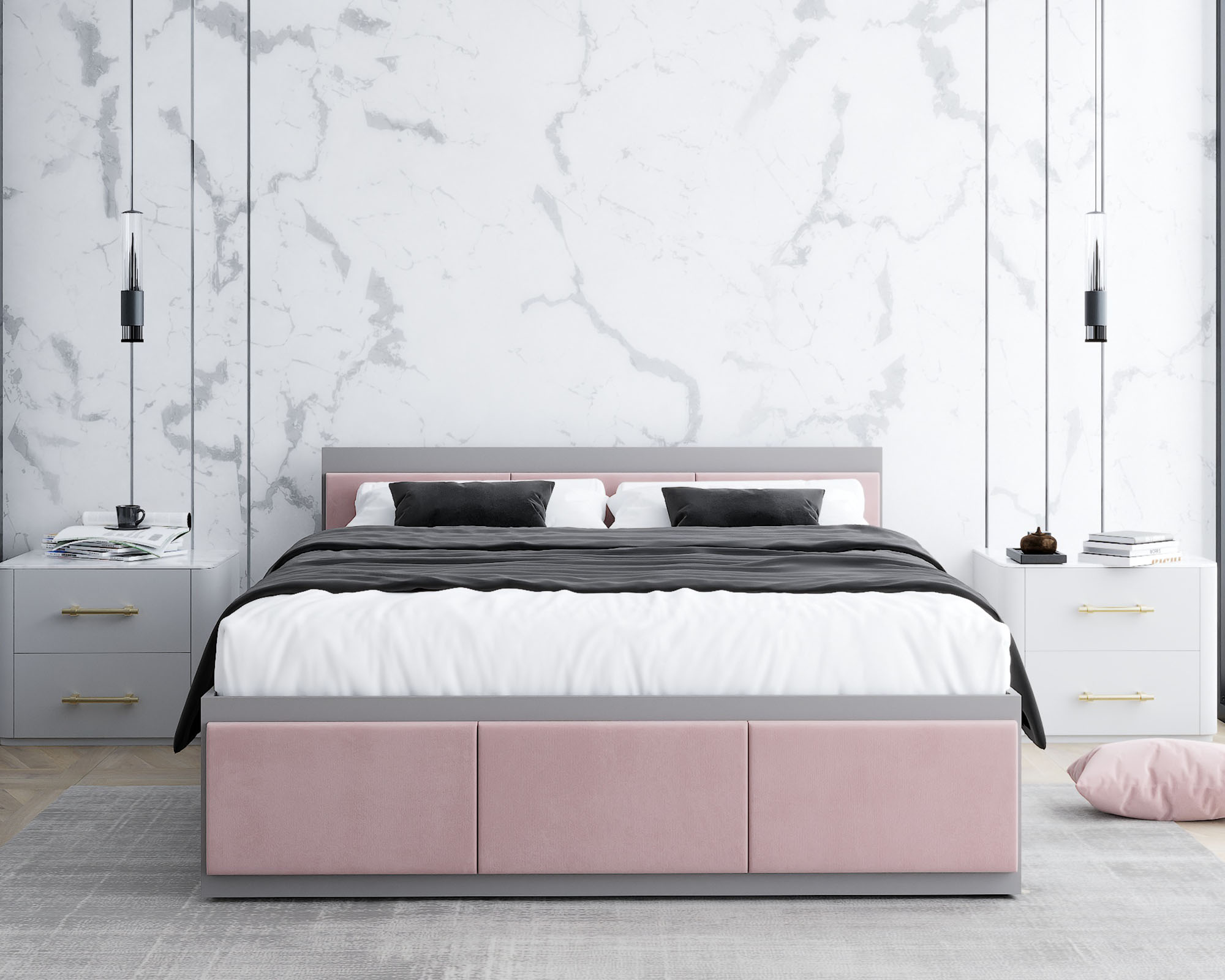 Manželská postel PANAMA T 160x200 se zvedacím kovovým roštem ŠEDÁ RŮŽOVÁ