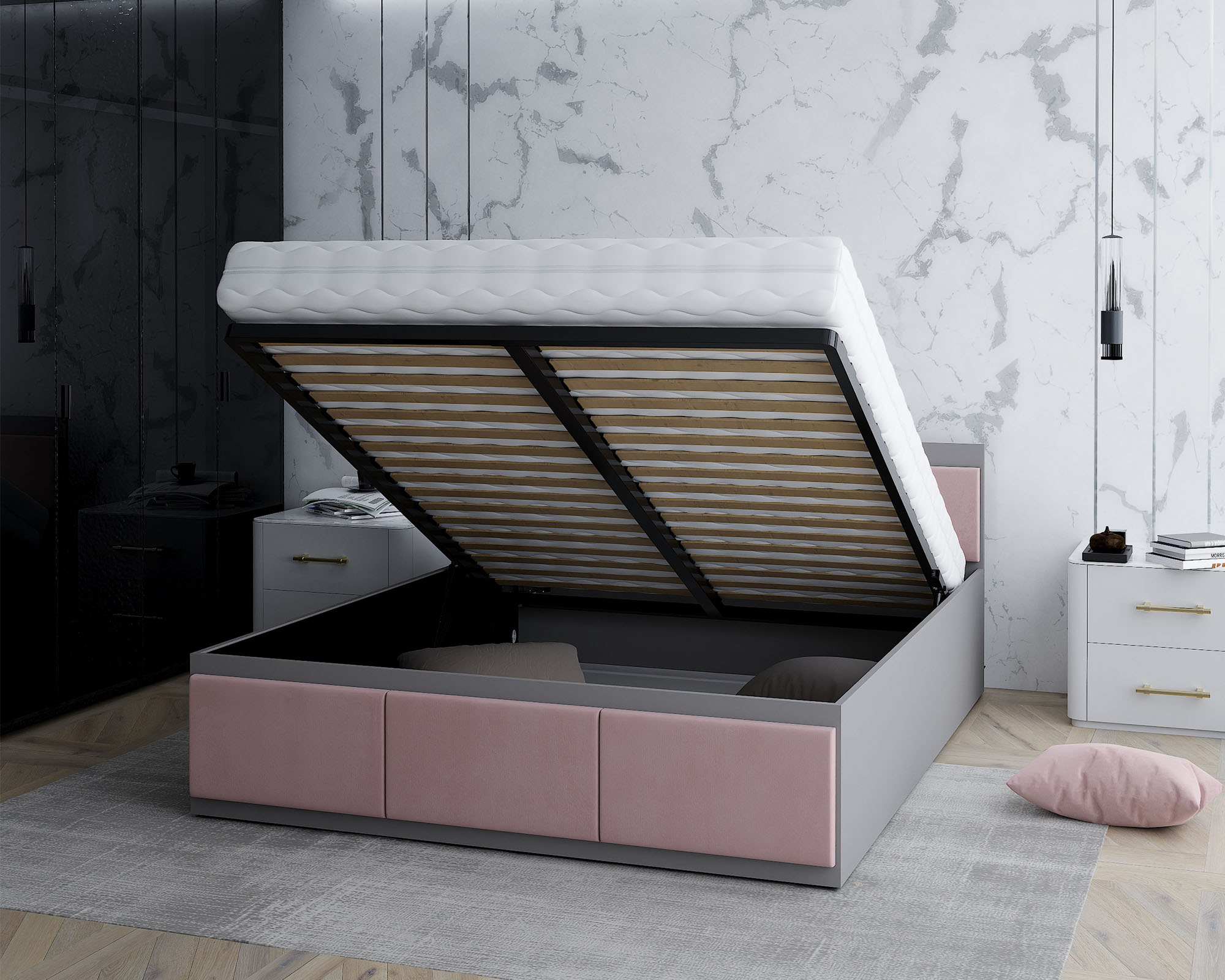 Manželská postel PANAMA T 160x200 se zvedacím kovovým roštem ŠEDÁ RŮŽOVÁ