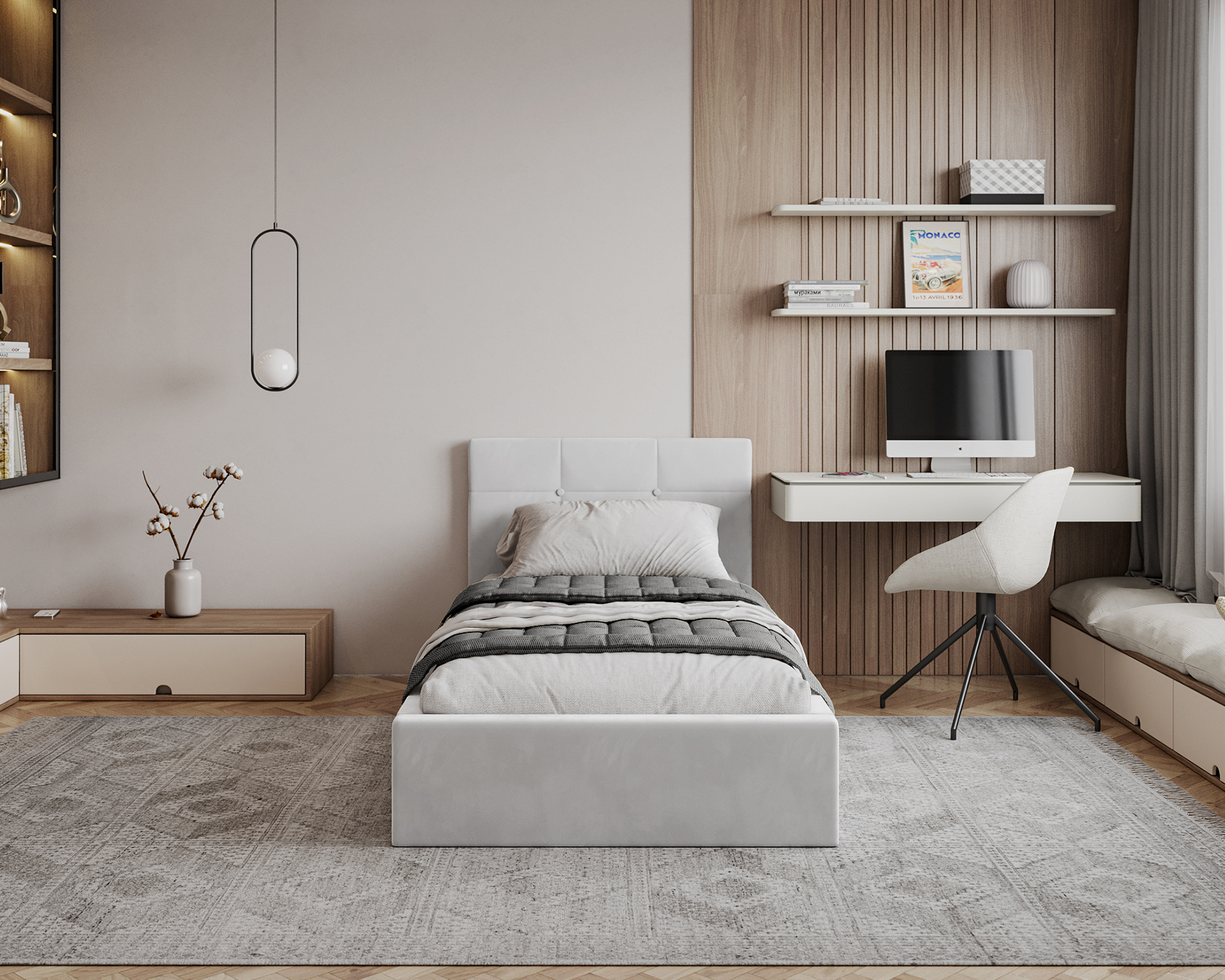 Čalouněná postel RINO 90x200 cm s kovovým roštem bílá