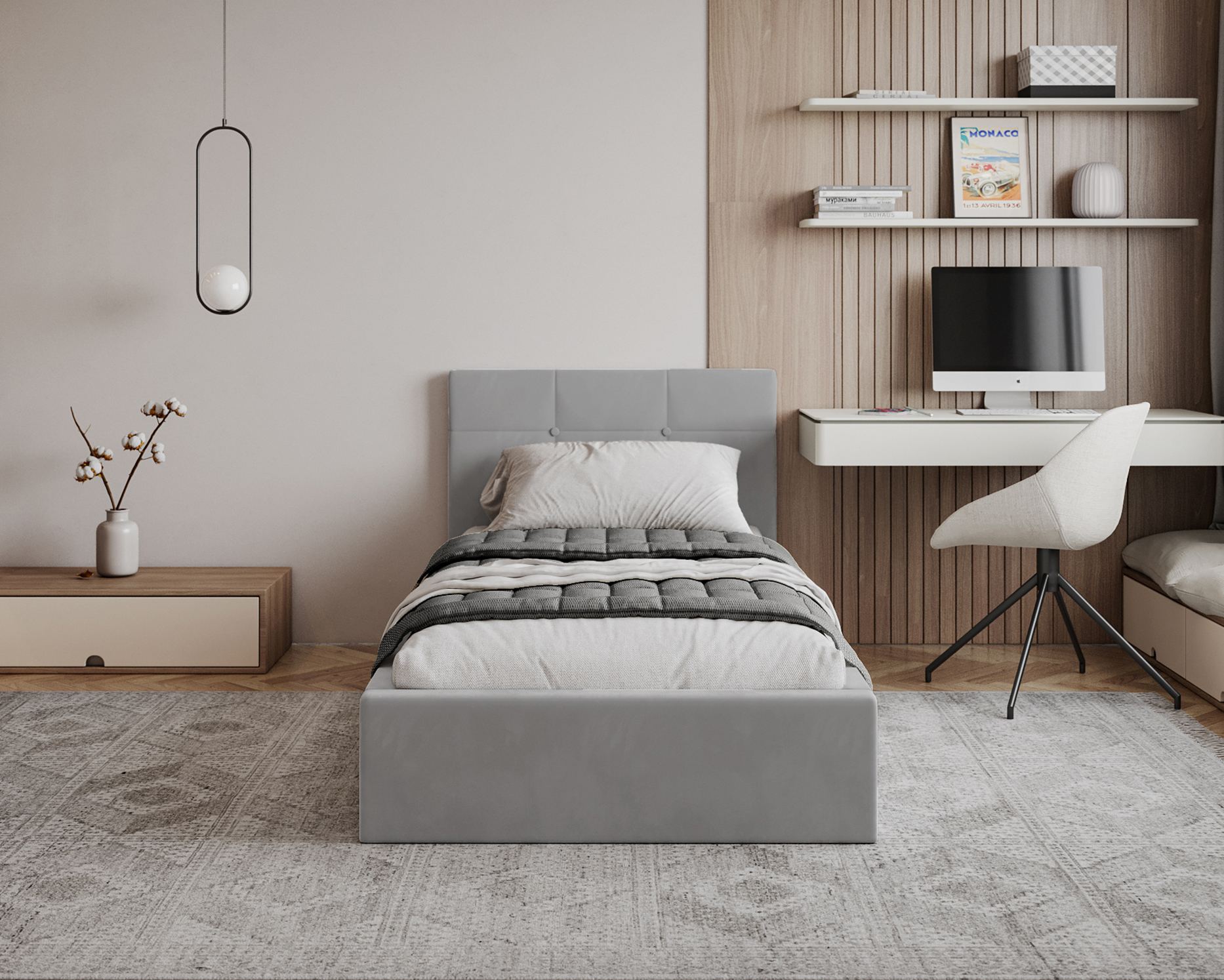 Čalouněná postel RINO 90x200 cm s kovovým roštem šedá