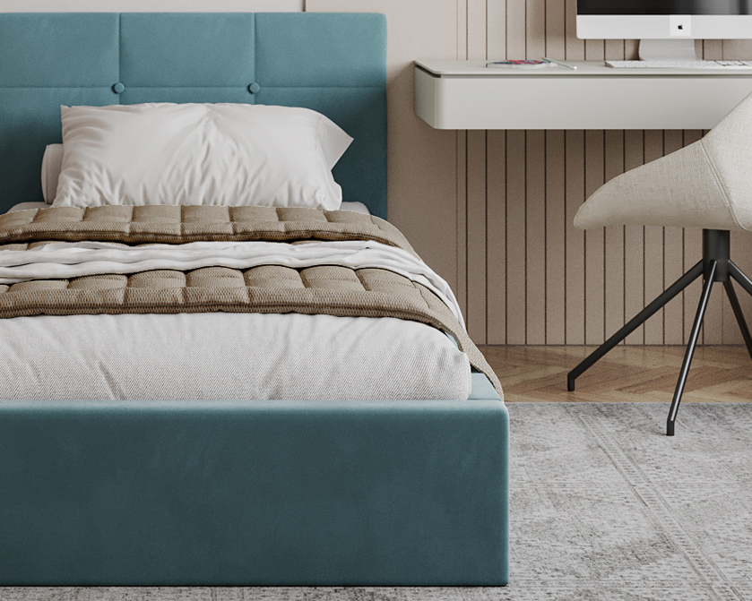 Čalouněná postel RINO 90x200 cm s kovovým roštem tyrkysová