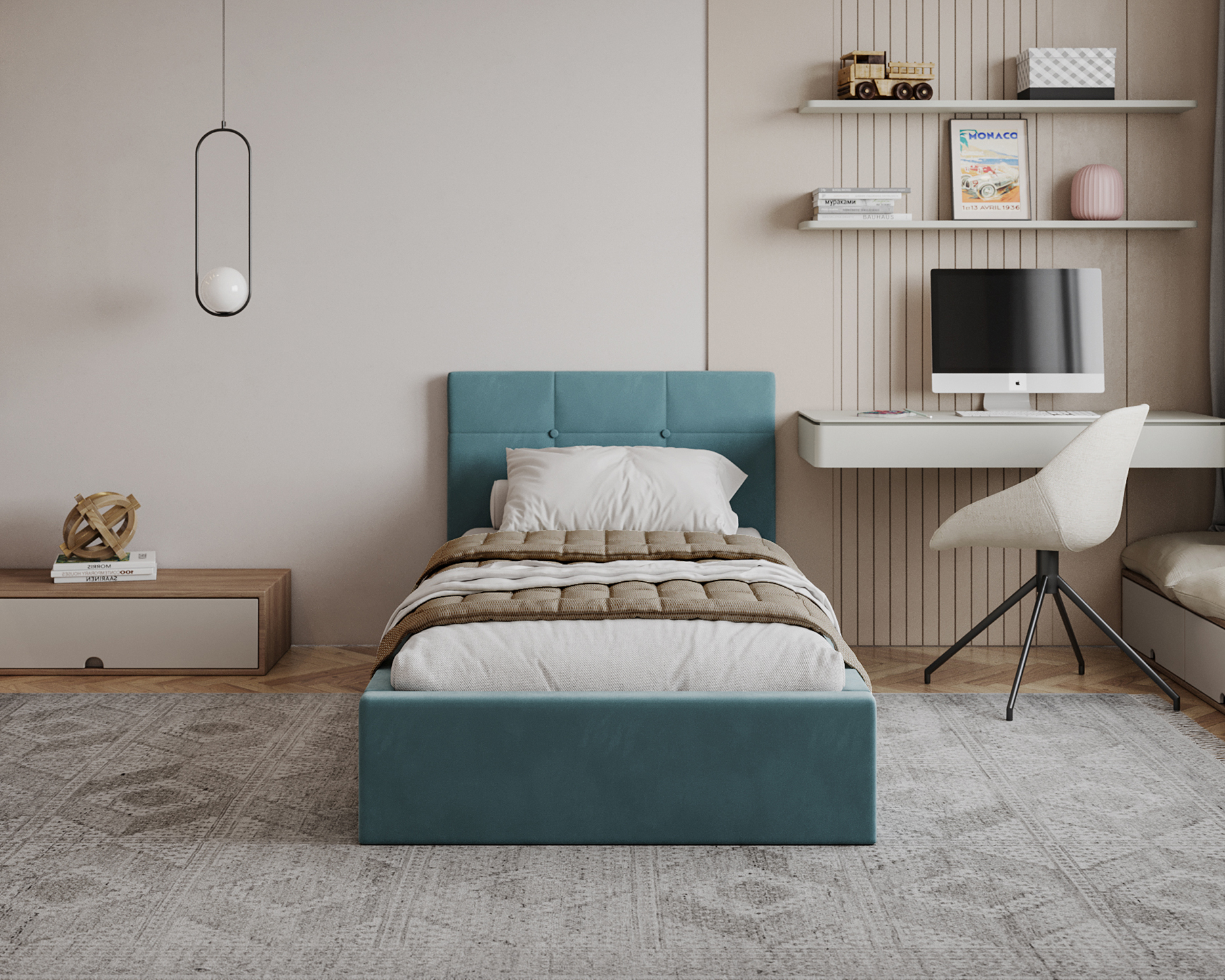 Čalouněná postel RINO 90x200 cm s kovovým roštem tyrkysová