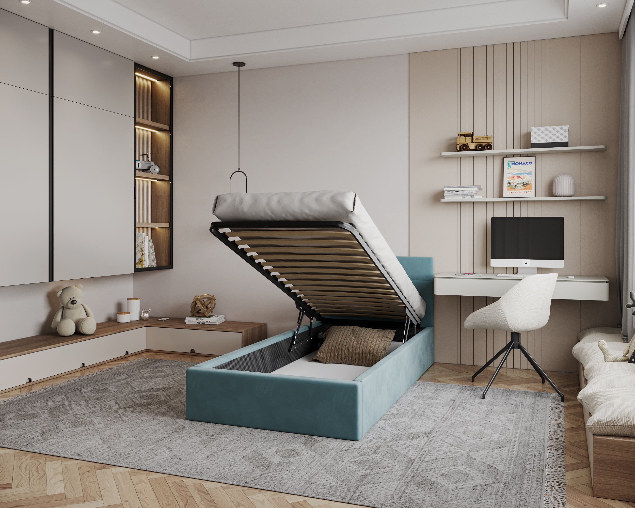 Čalouněná postel RINO 90x200 cm s kovovým roštem tyrkysová