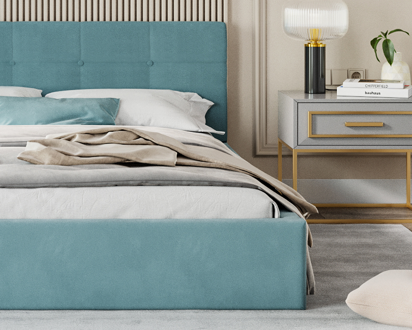 Čalouněná postel RINO 140x200 cm s kovovým roštem tyrkysová