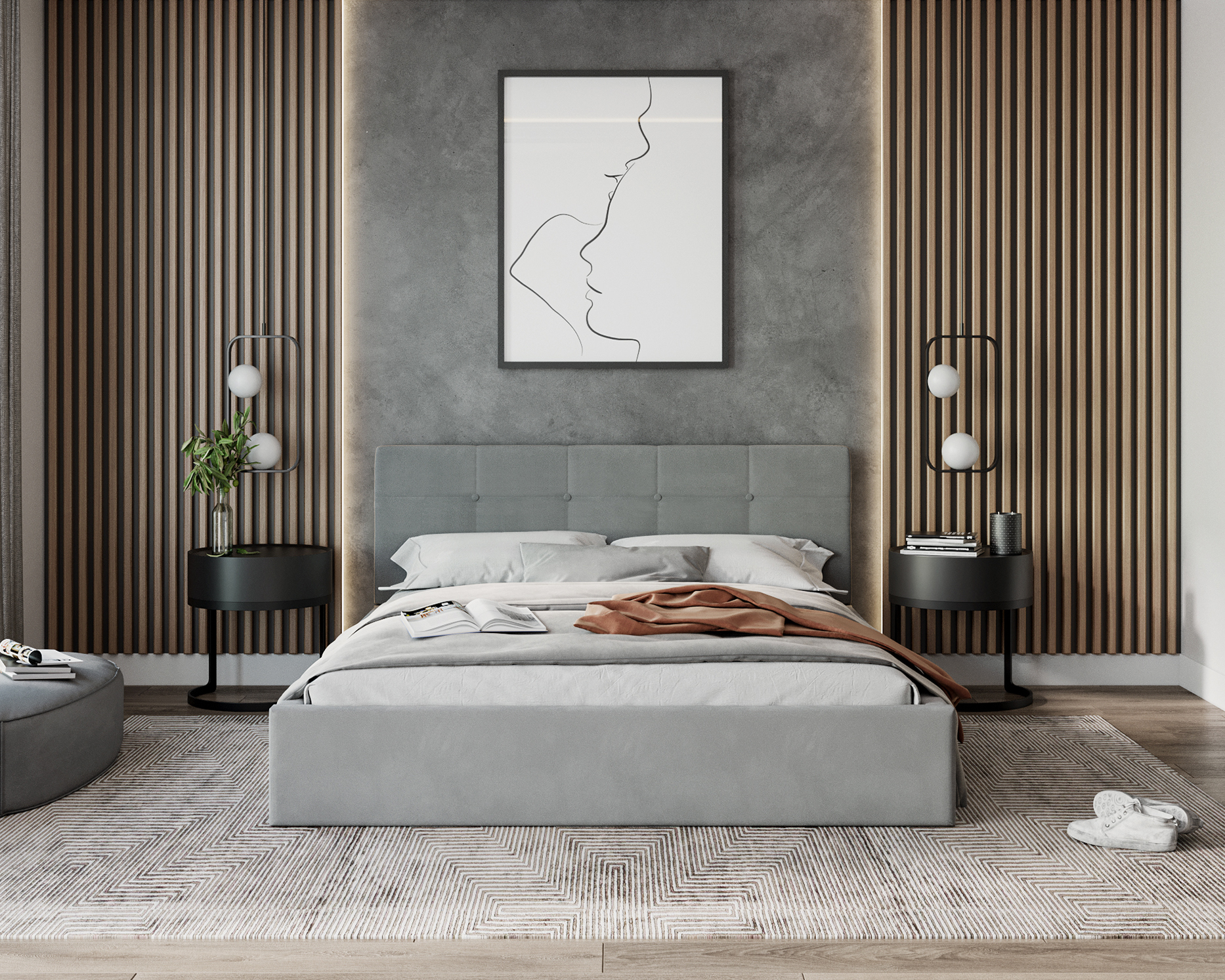 Čalouněná postel RINO 180x200 cm s kovovým roštem šedá
