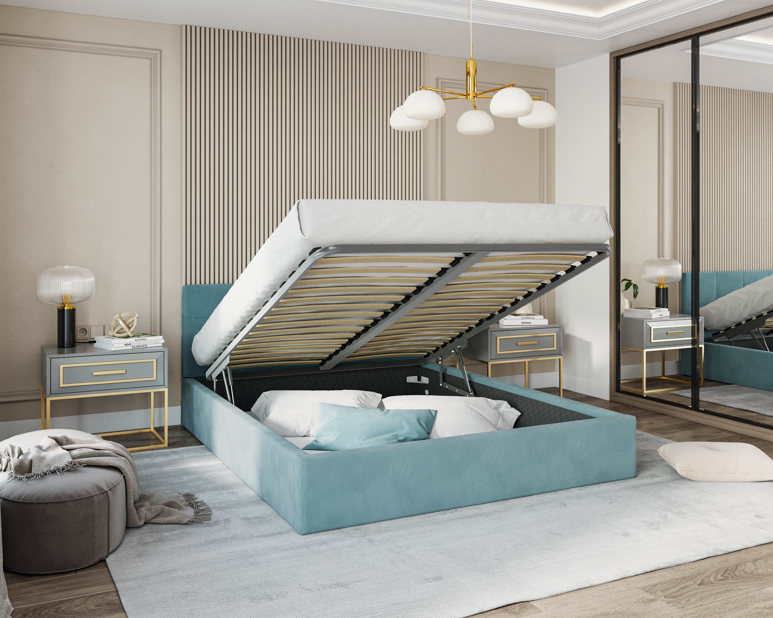 Čalouněná postel RINO 180x200 cm s kovovým roštem tyrkysová