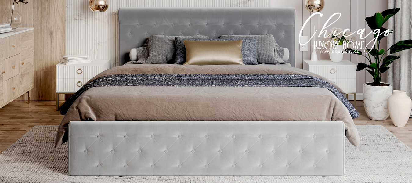 Luxusní postel CHICAGO TRINITY 140x200 s kovovým zdvižným roštem SVĚTLE ŠEDÁ