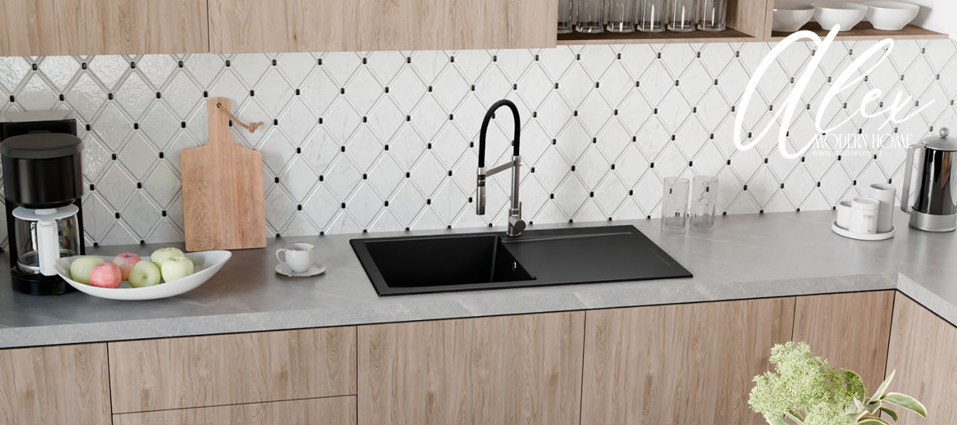 Granitový dřez ALEX ČERNÁ + baterie DECO černá + černý sifon 90 x 50 x 19cm