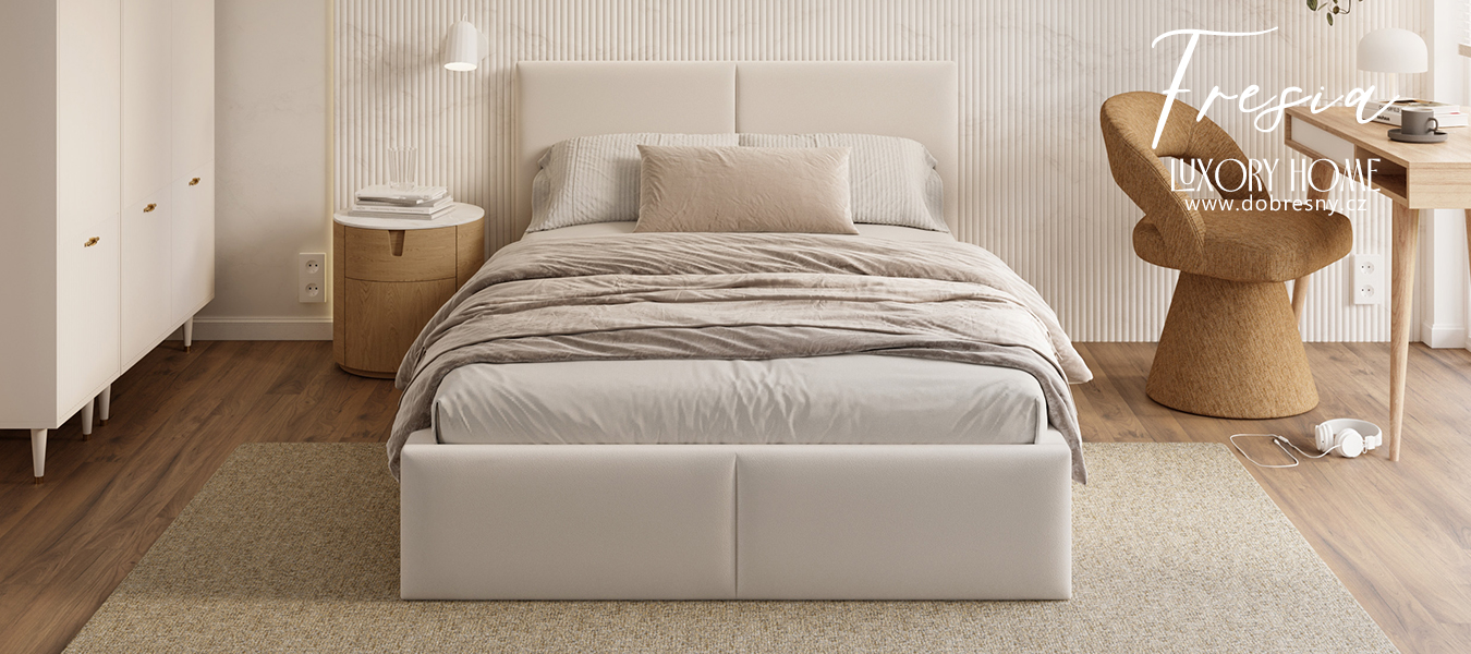 Čalouněná postel FRESIA 90x200 s kovovým zdvižným roštem BÍLÁ TRINITY