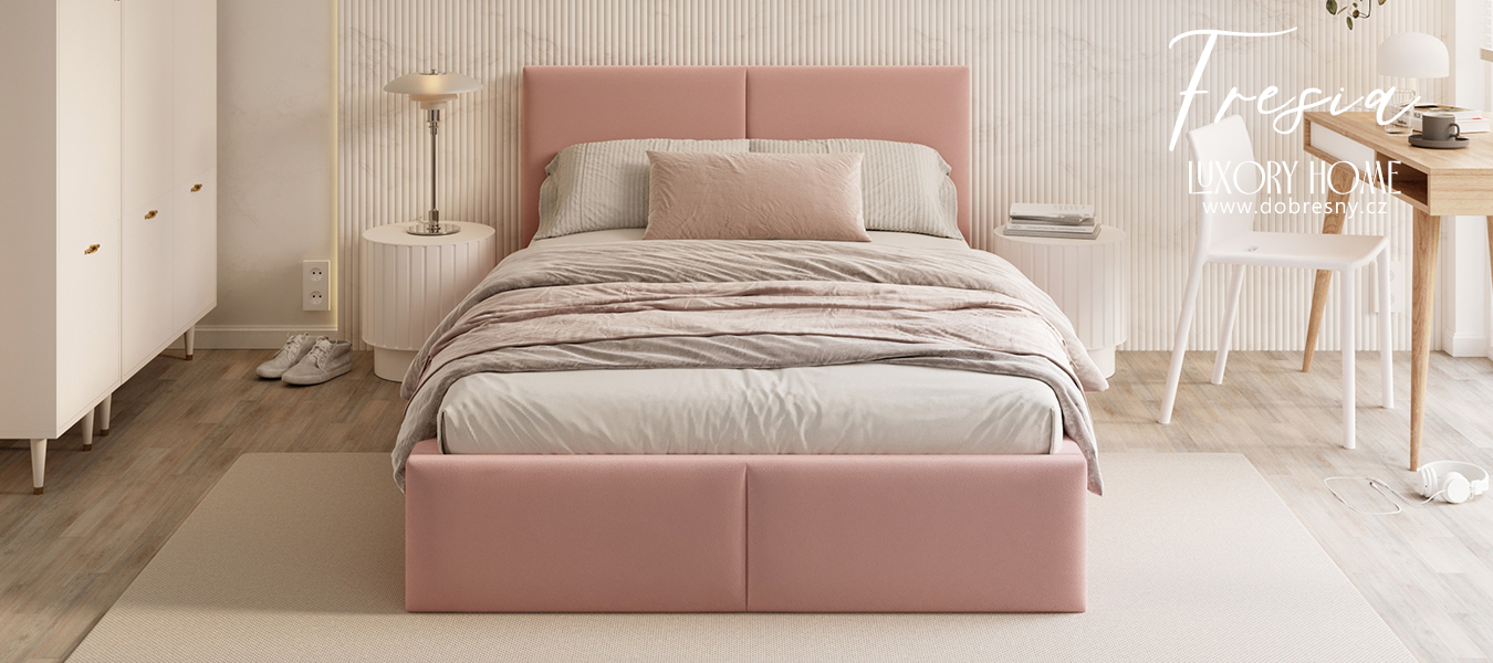 Čalouněná postel FRESIA 90x200 s kovovým zdvižným roštem RŮŽOVÁ TRINITY