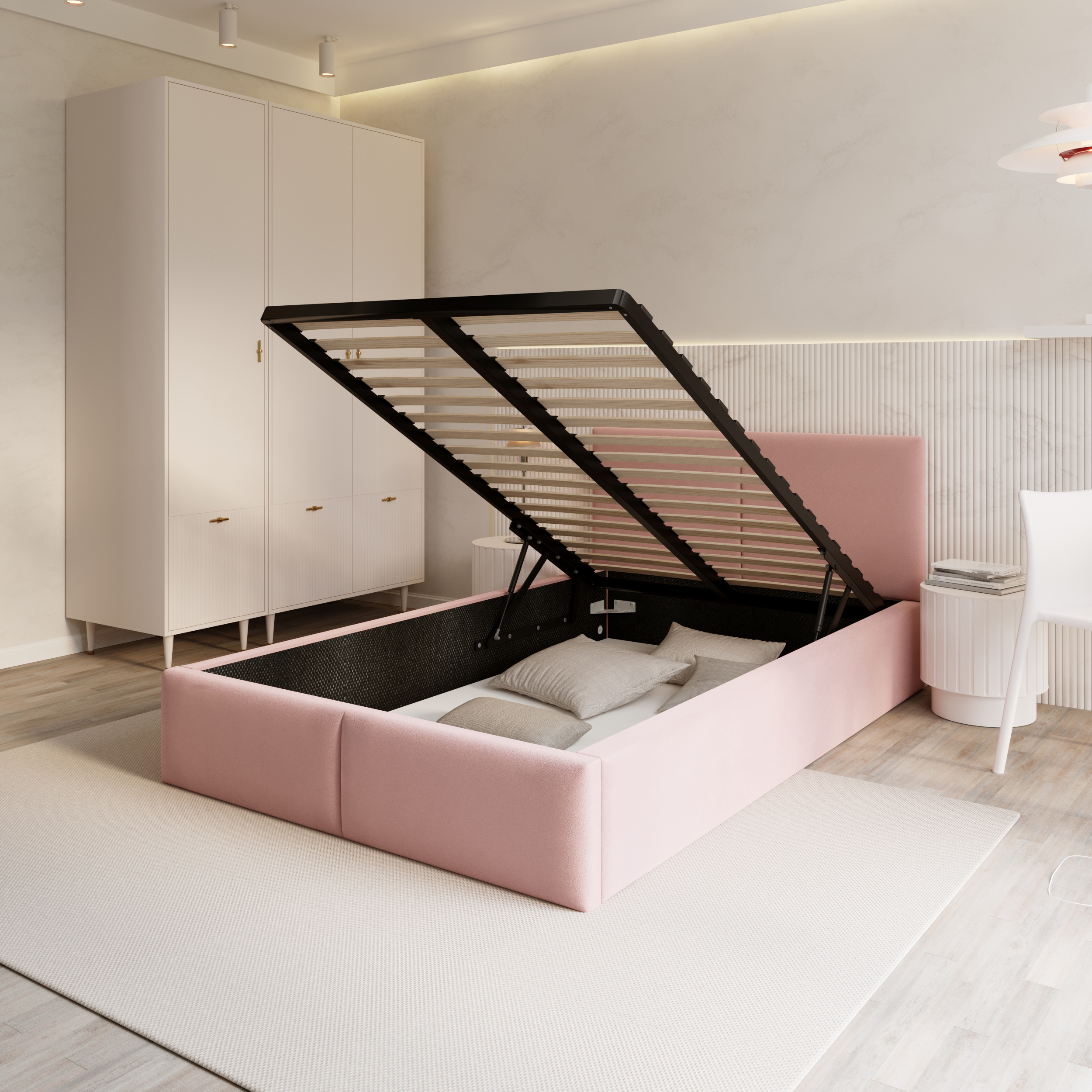 Čalouněná postel FRESIA 90x200 s kovovým zdvižným roštem RŮŽOVÁ TRINITY