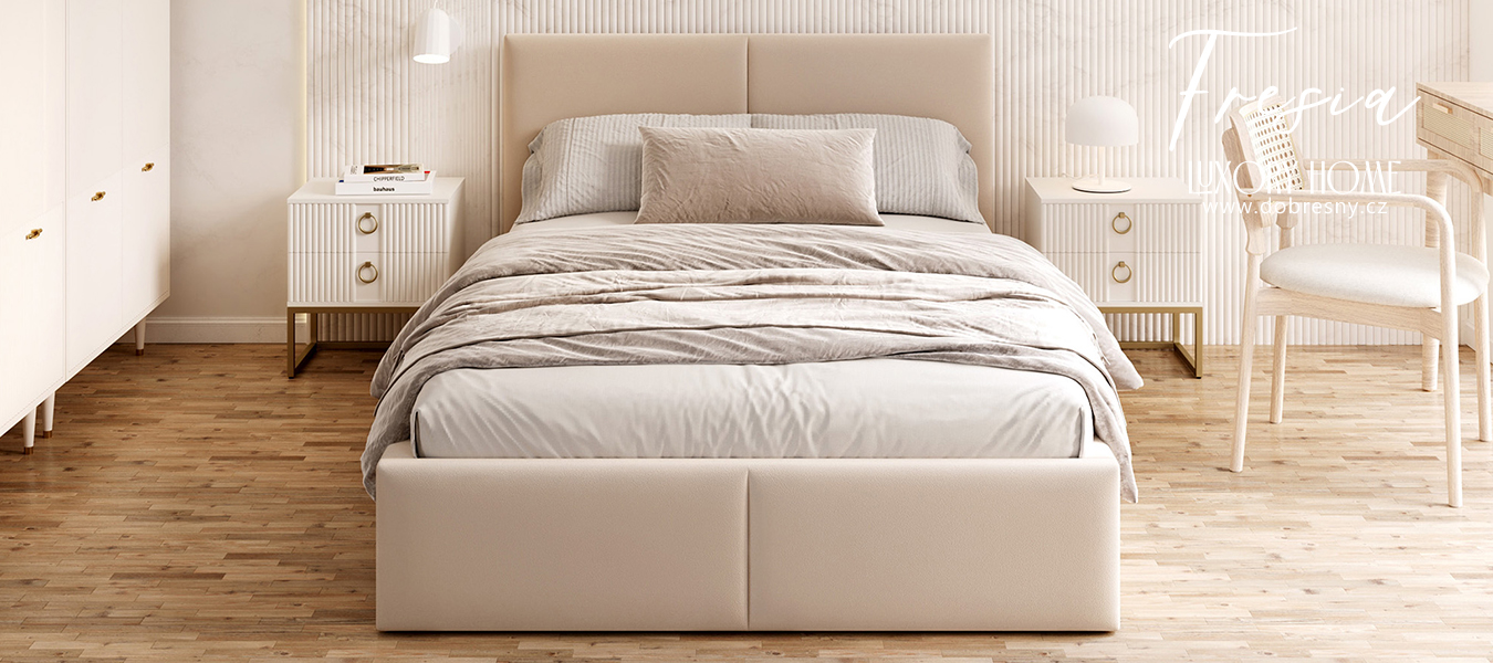 Čalouněná postel FRESIA 90x200 s kovovým zdvižným roštem KRÉMOVÁ TRINITY