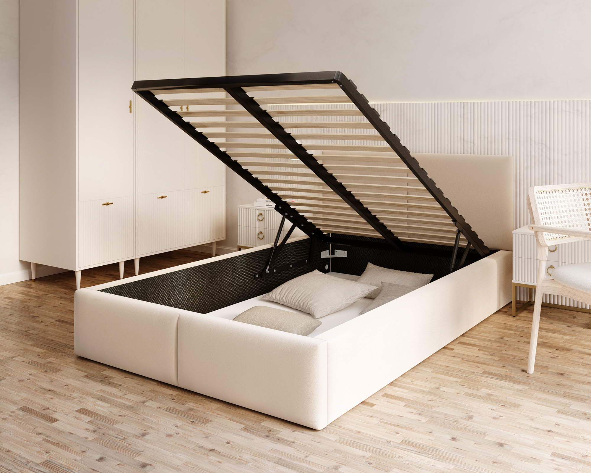 Čalouněná postel FRESIA 90x200 s kovovým zdvižným roštem KRÉMOVÁ TRINITY