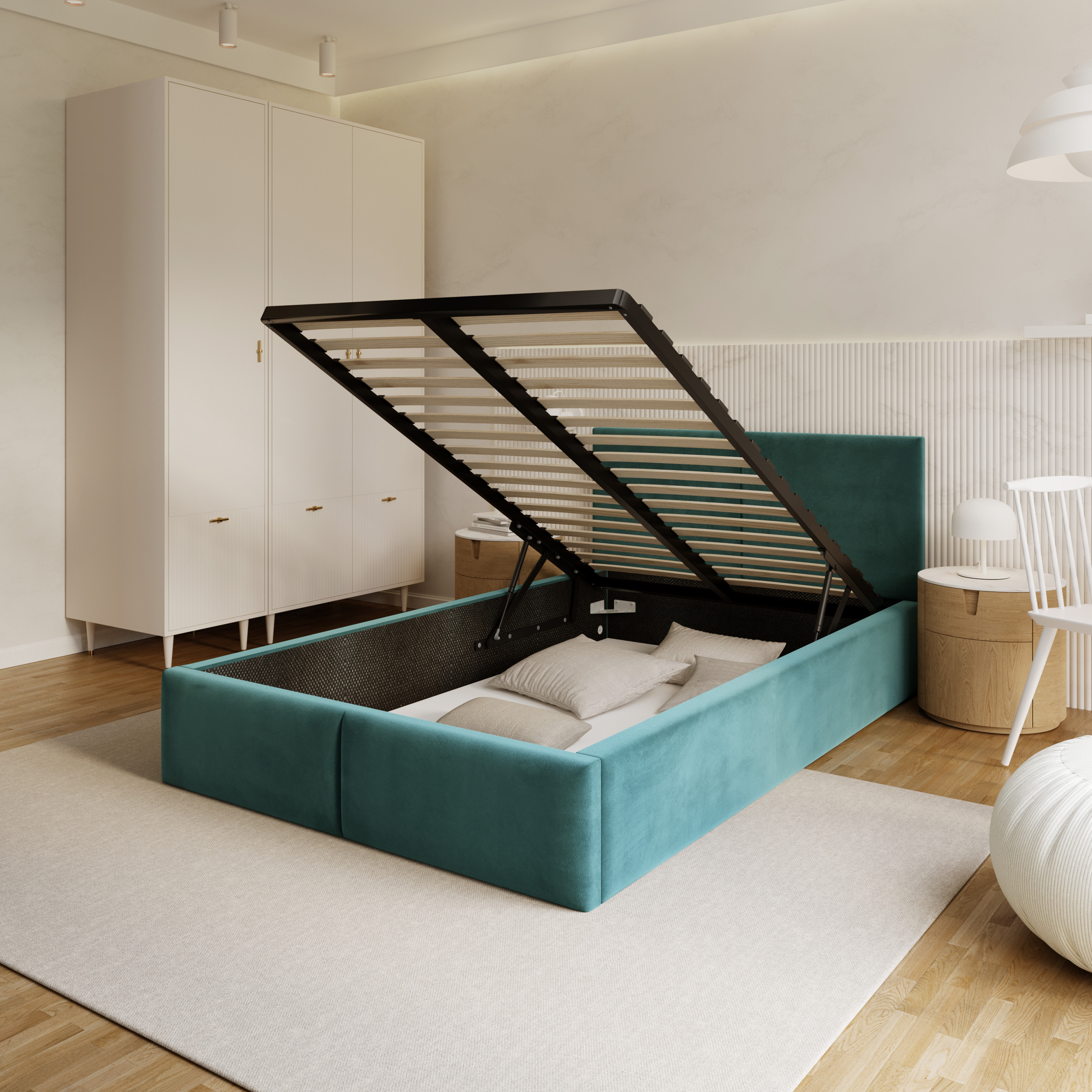 Čalouněná postel FRESIA 90x200 s kovovým zdvižným roštem TYRKYSOVÁ TRINITY