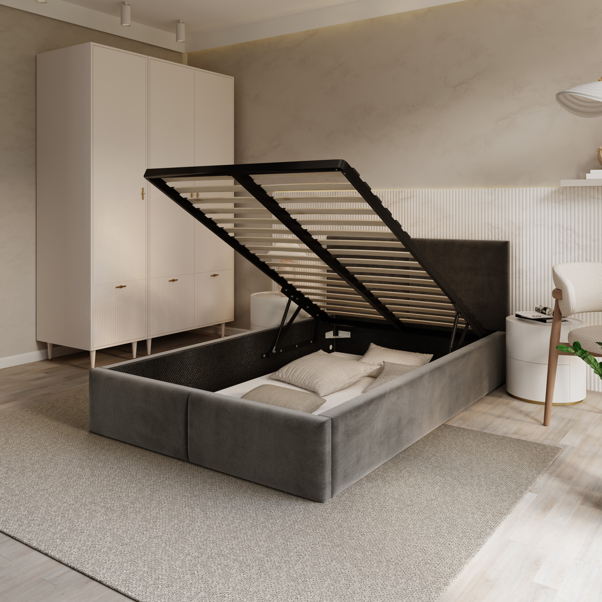 Čalouněná postel FRESIA 90x200 s kovovým zdvižným roštem GRAFIT TRINITY