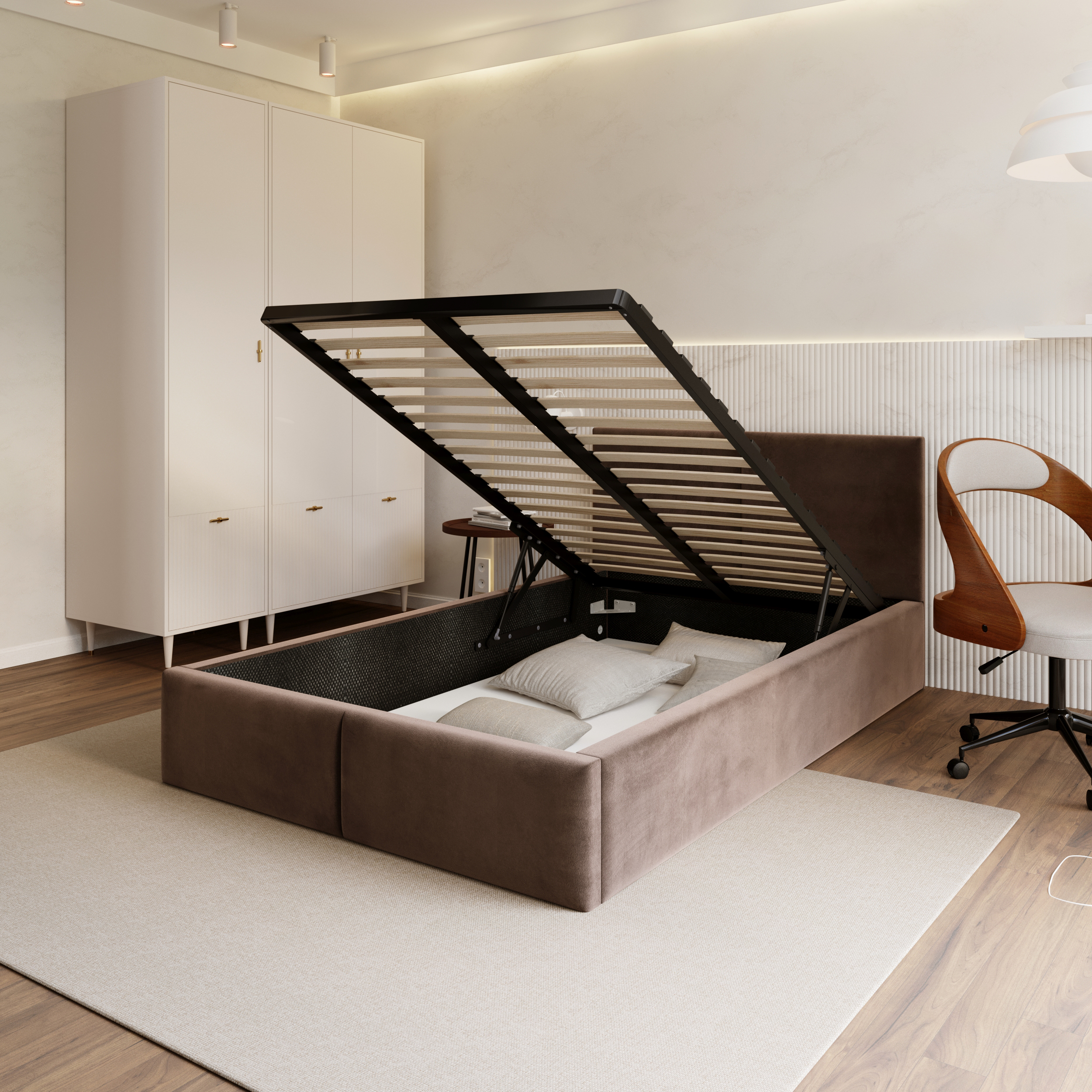 Čalouněná postel FRESIA 90x200 s kovovým zdvižným roštem HNĚDÁ TRINITY