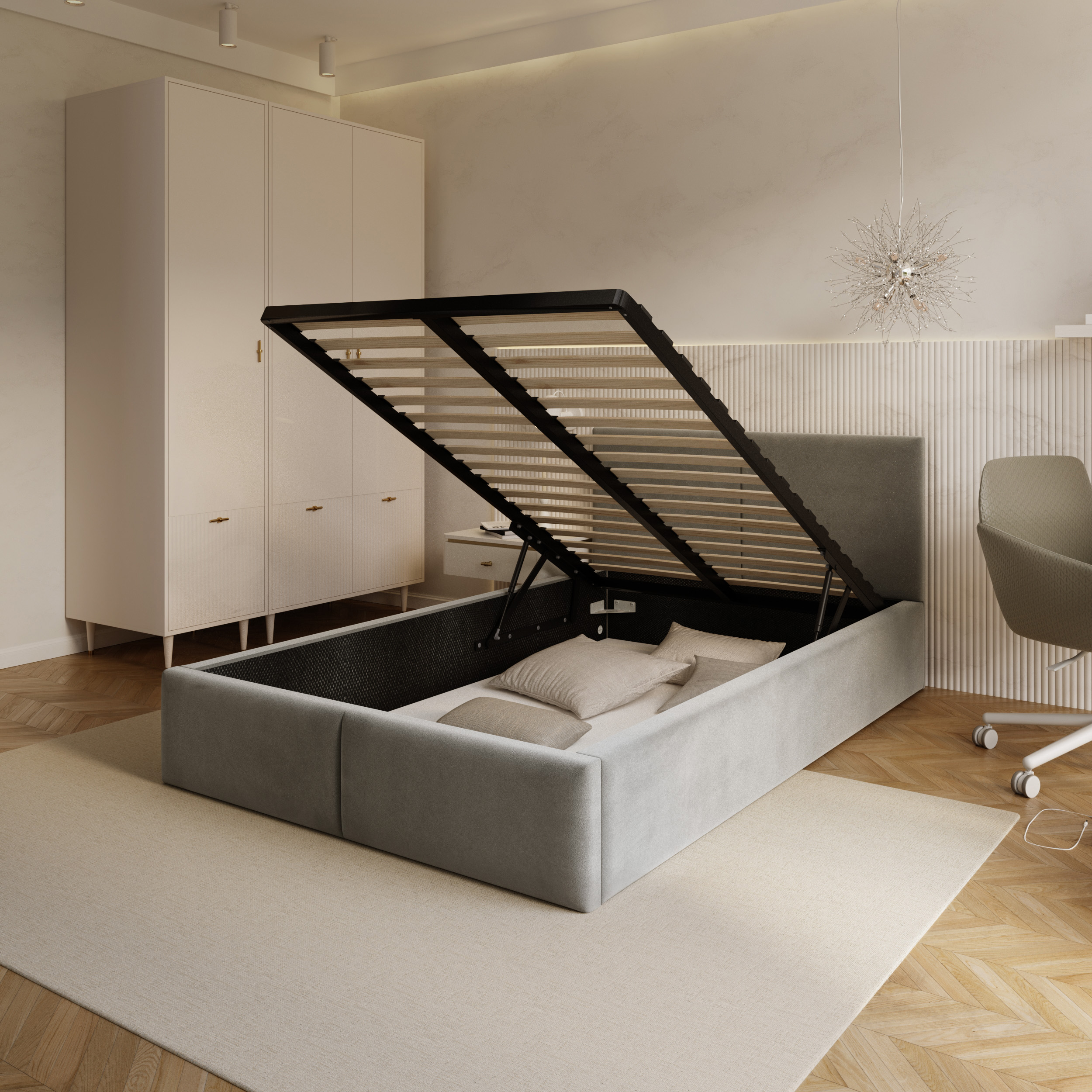 Čalouněná postel FRESIA 120x200 s kovovým zdvižným roštem ŠEDÁ TRINITY