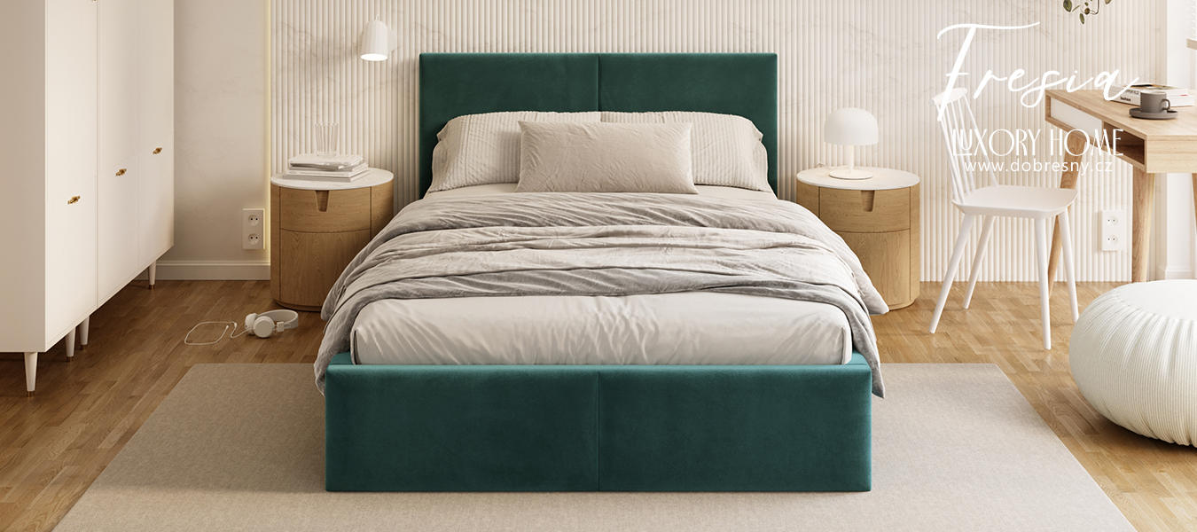 Čalouněná postel FRESIA 120x200 s kovovým zdvižným roštem TYRKYSOVÁ TRINITY