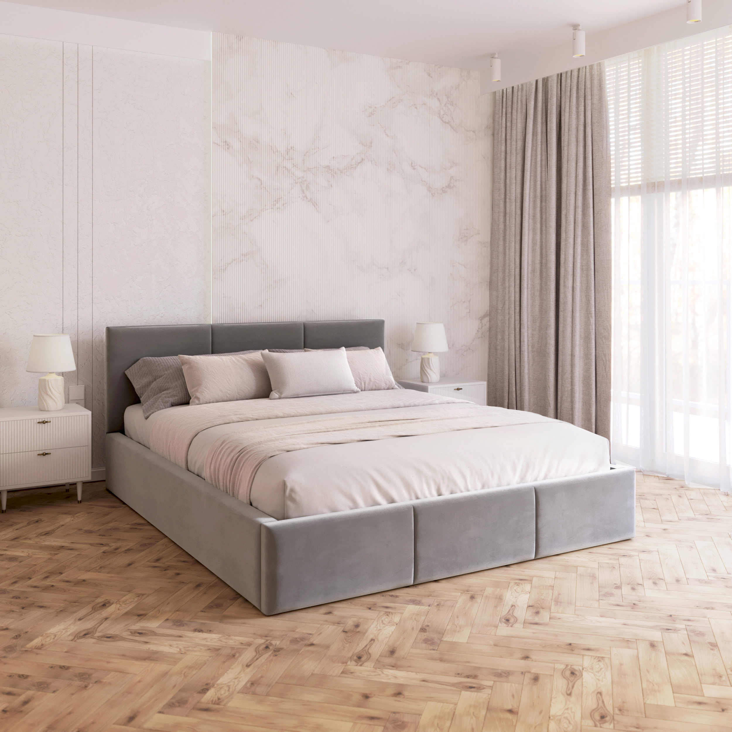 Čalouněná postel FRESIA 140x200 s kovovým zdvižným roštem ŠEDÁ TRINITY