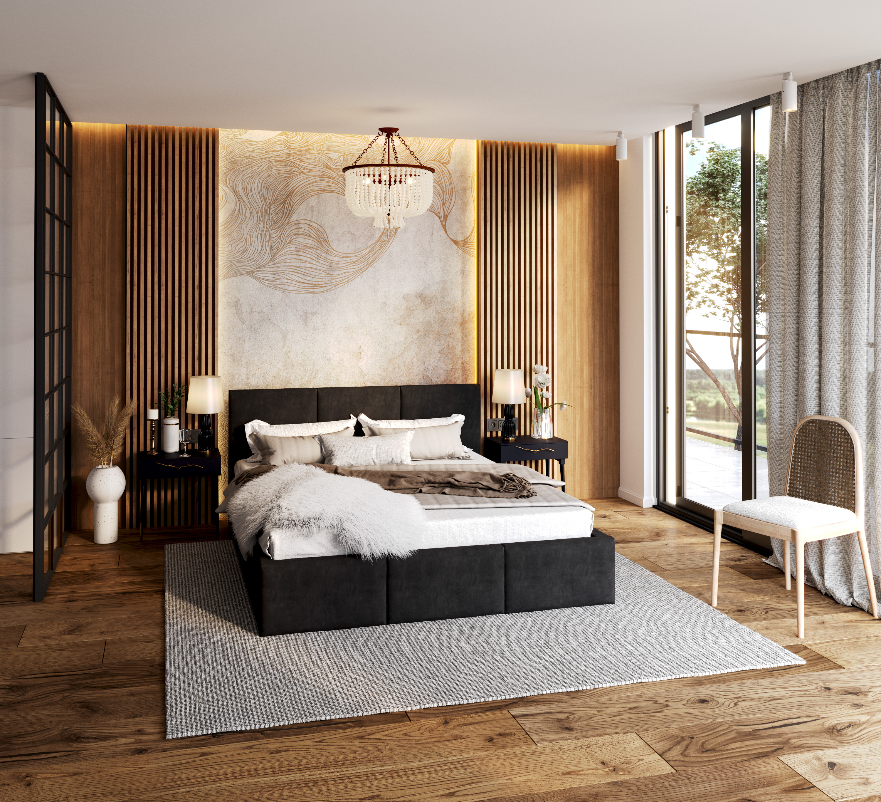 Čalouněná postel FRESIA 140x200 s kovovým zdvižným roštem ČERNÁ TRINITY