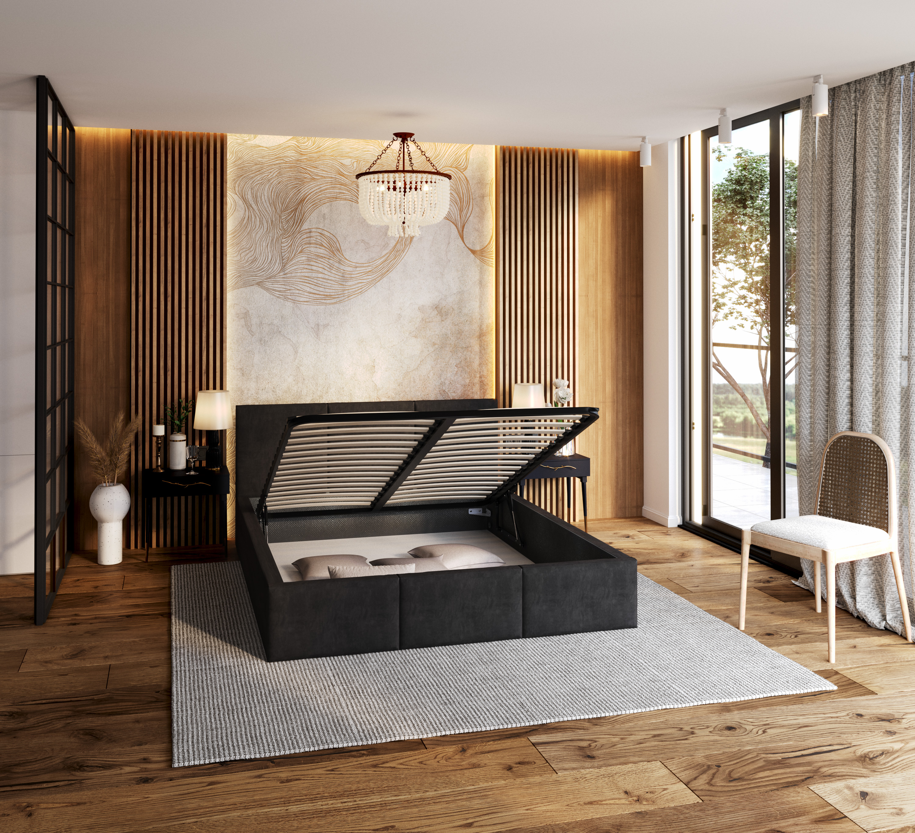 Čalouněná postel FRESIA 140x200 s kovovým zdvižným roštem ČERNÁ TRINITY