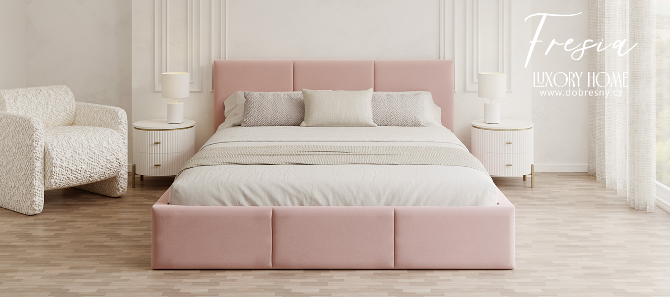 Čalouněná postel FRESIA 160x200 s kovovým zdvižným roštem RŮŽOVÁ TRINITY