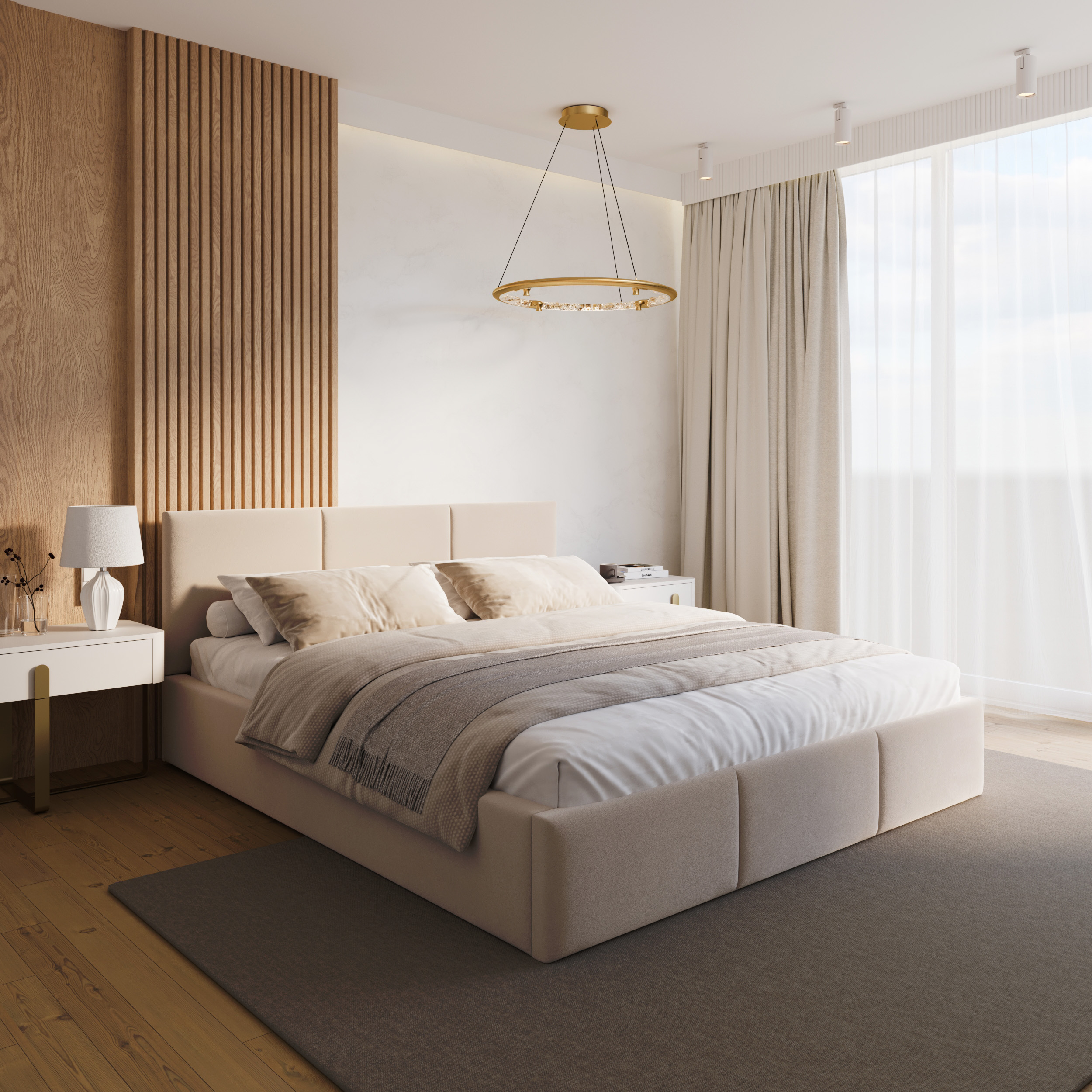 Čalouněná postel FRESIA 180x200 s kovovým zdvižným roštem KRÉMOVÁ TRINITY