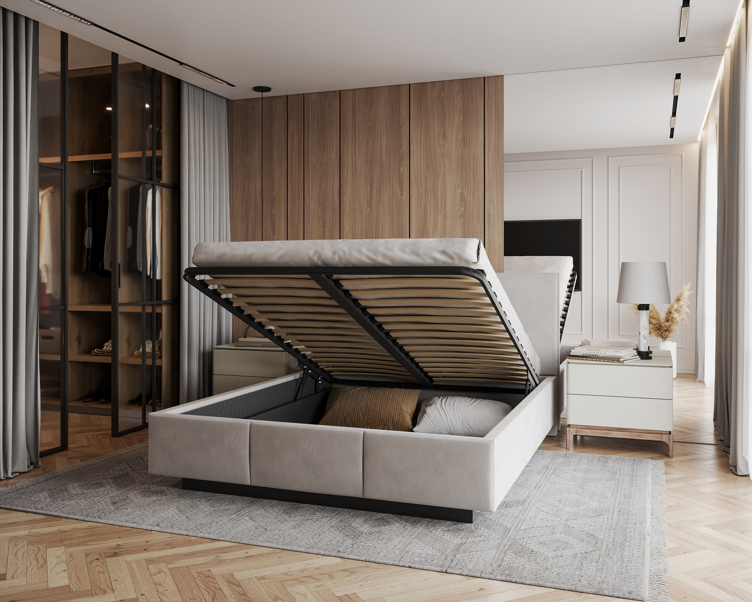 Čalouněná postel AVEIRO 140x200 s kovovým zdvižným roštem ŠEDÁ