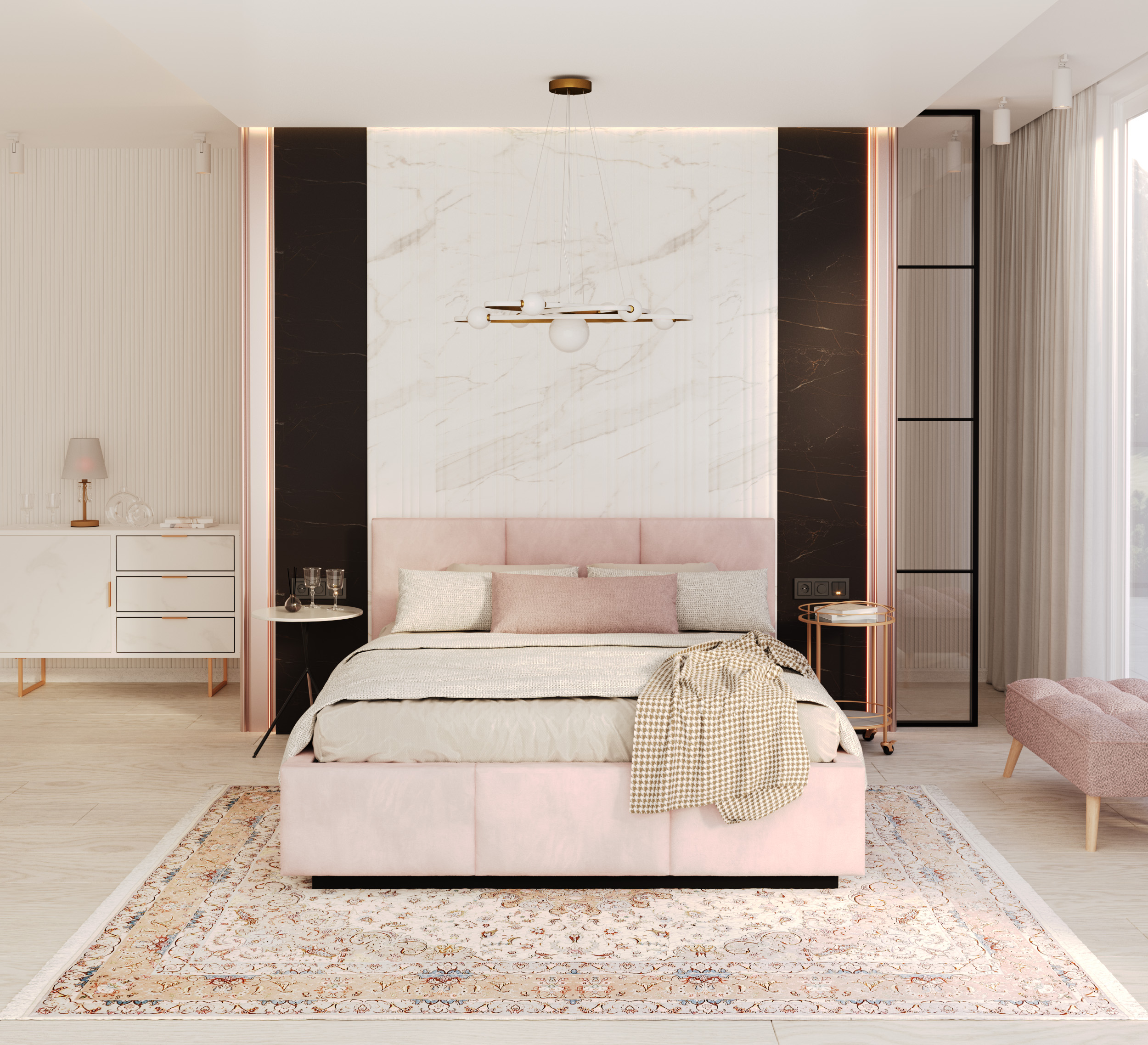 Čalouněná postel AVEIRO 140x200 s kovovým zdvižným roštem RŮŽOVÁ