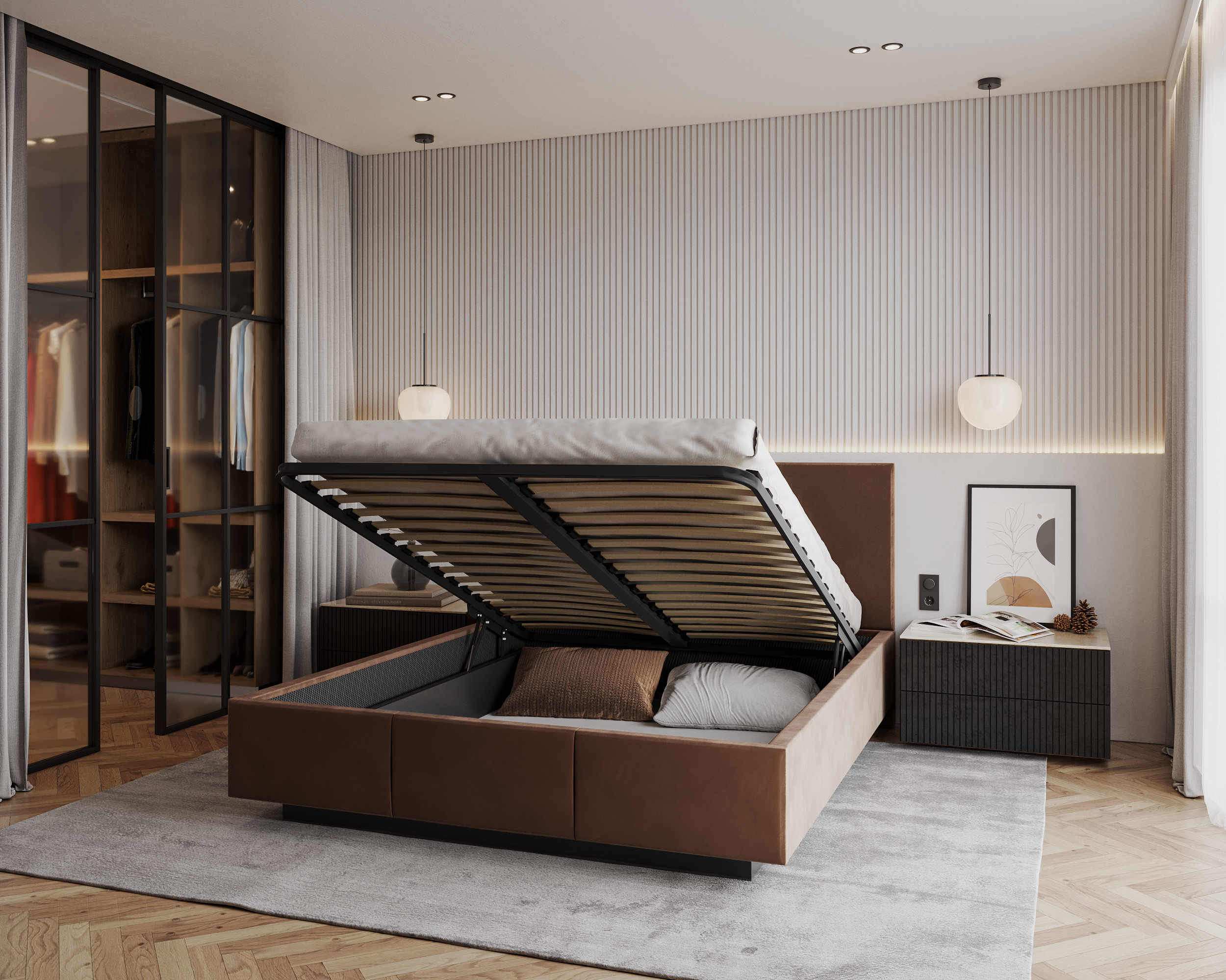 Čalouněná postel AVEIRO 140x200 s kovovým zdvižným roštem HNĚDÁ