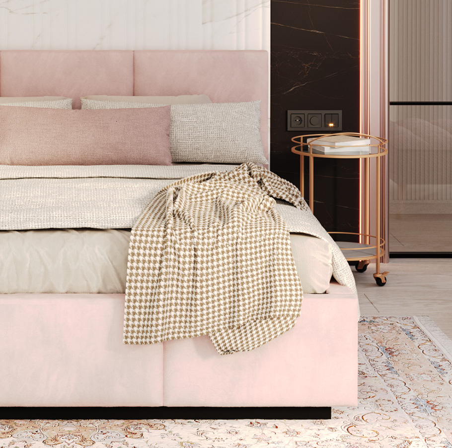 Čalouněná postel AVEIRO 160x200 s kovovým zdvižným roštem RŮŽOVÁ