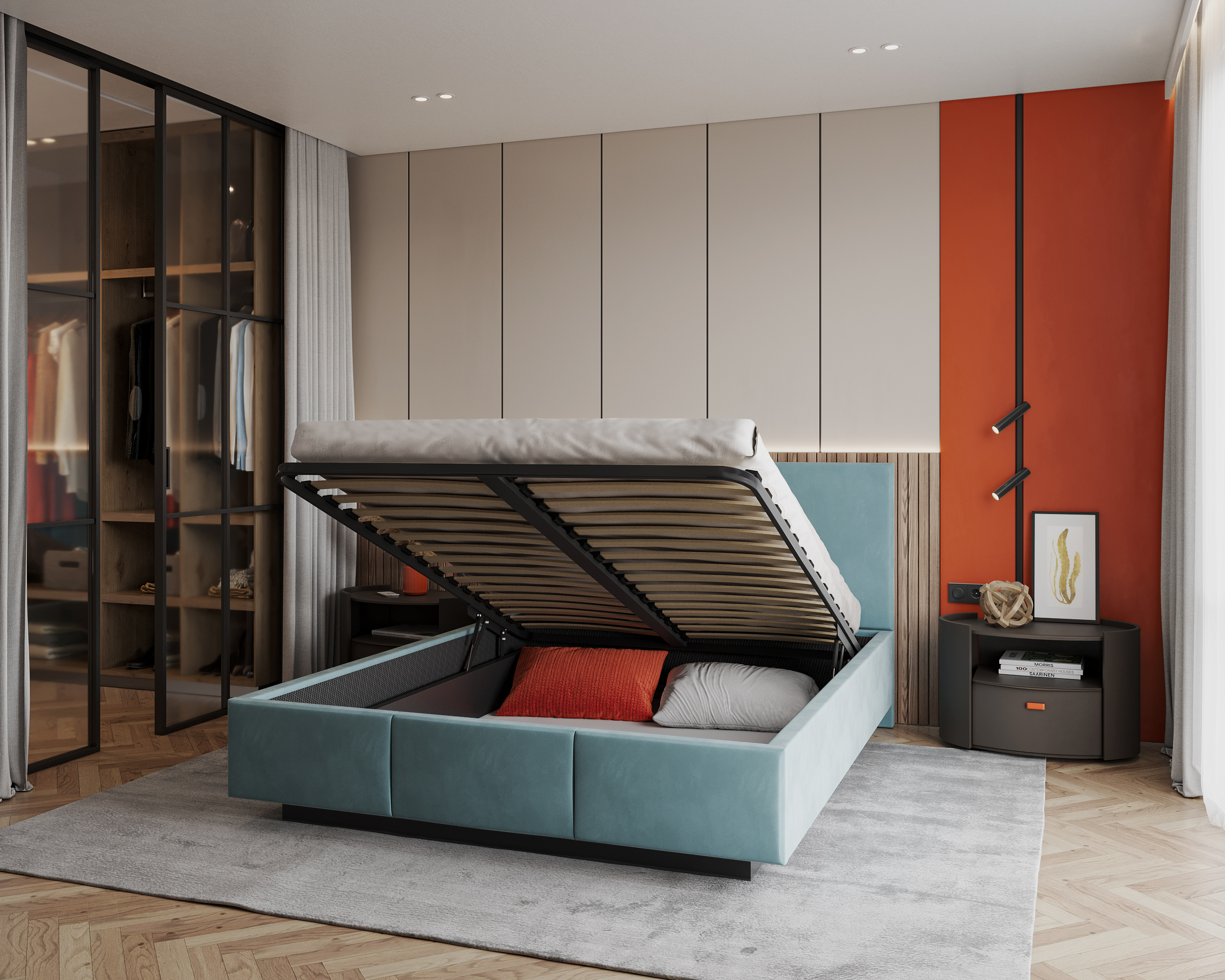 Čalouněná postel AVEIRO 160x200 s kovovým zdvižným roštem TYRKYSOVÁ