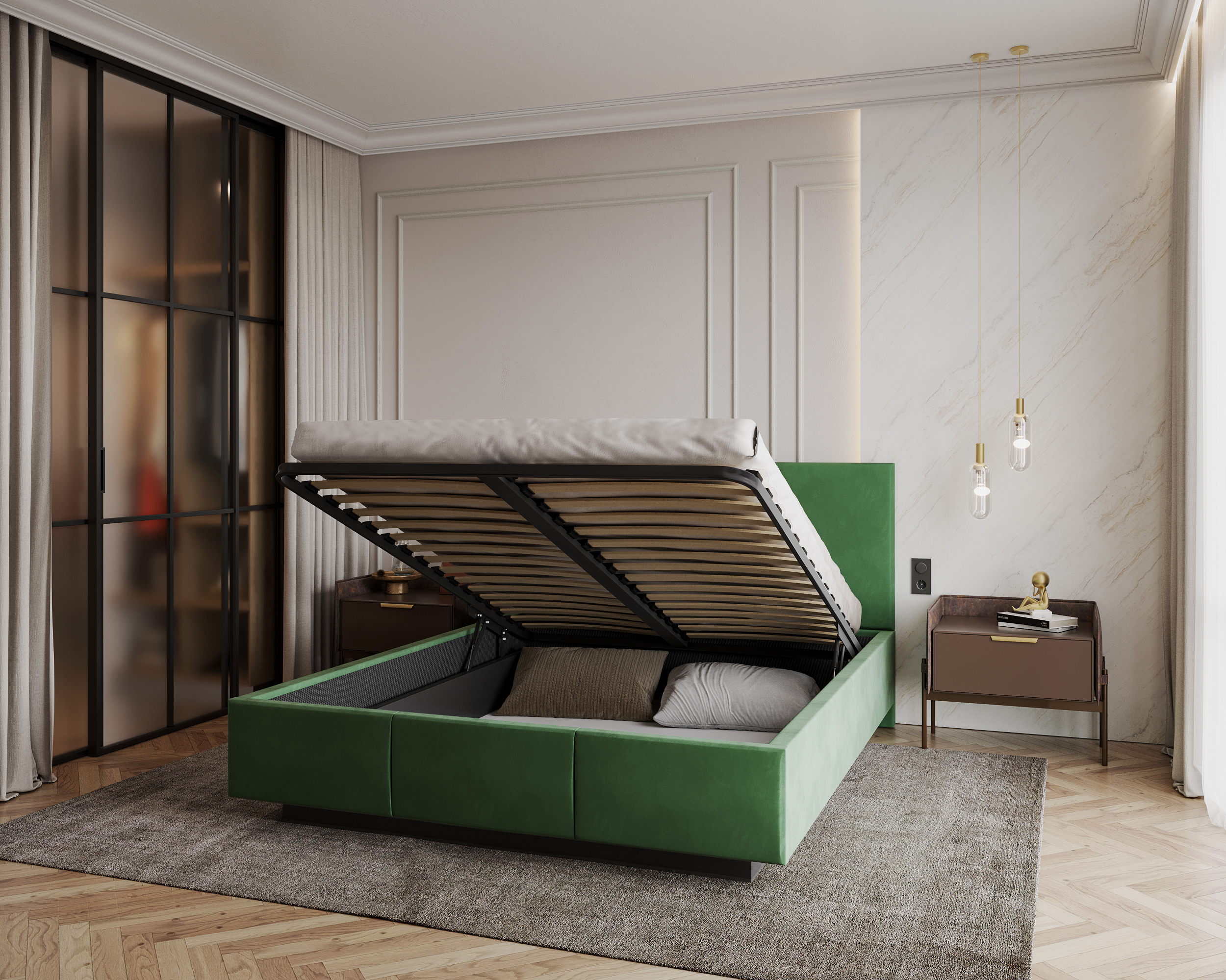 Čalouněná postel AVEIRO 160x200 s kovovým zdvižným roštem ZELENÁ