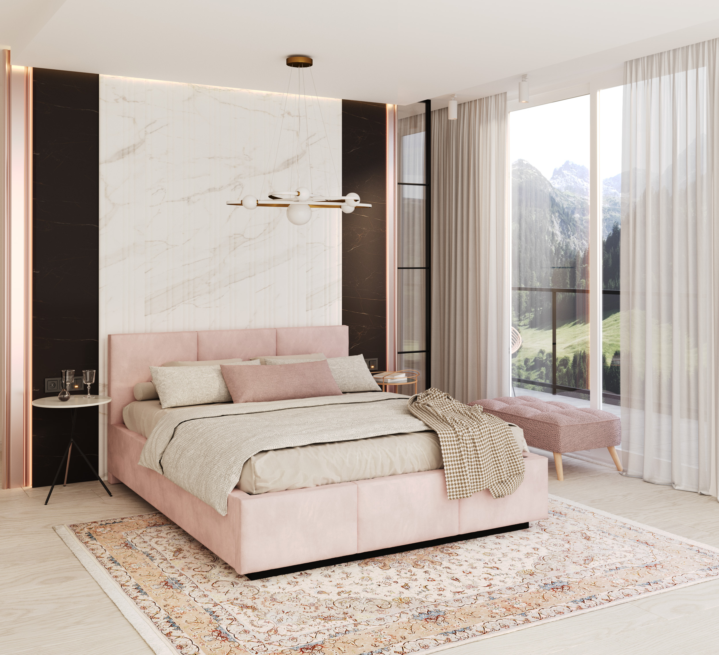 Čalouněná postel AVEIRO 180x200 s kovovým zdvižným roštem RŮŽOVÁ