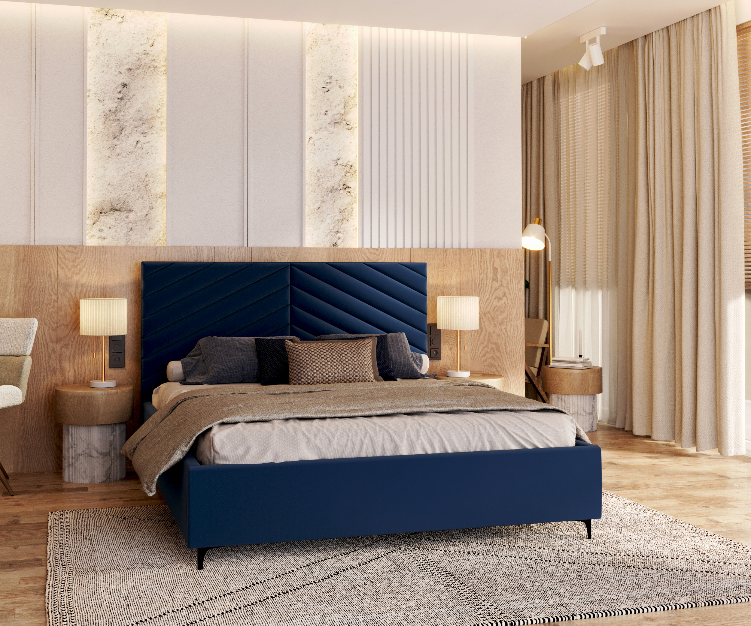 Čalouněná postel ELEGANTE 140x200 Tmavě Modrá Paris s úložným prostorem kovový rošt