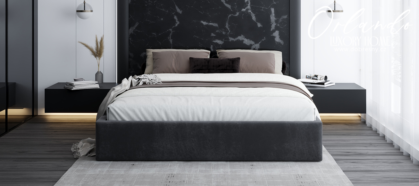 Čalouněná postel ORLANDO 180x200 Tmavě šedá Trinity s úložným prostorem kovový rošt