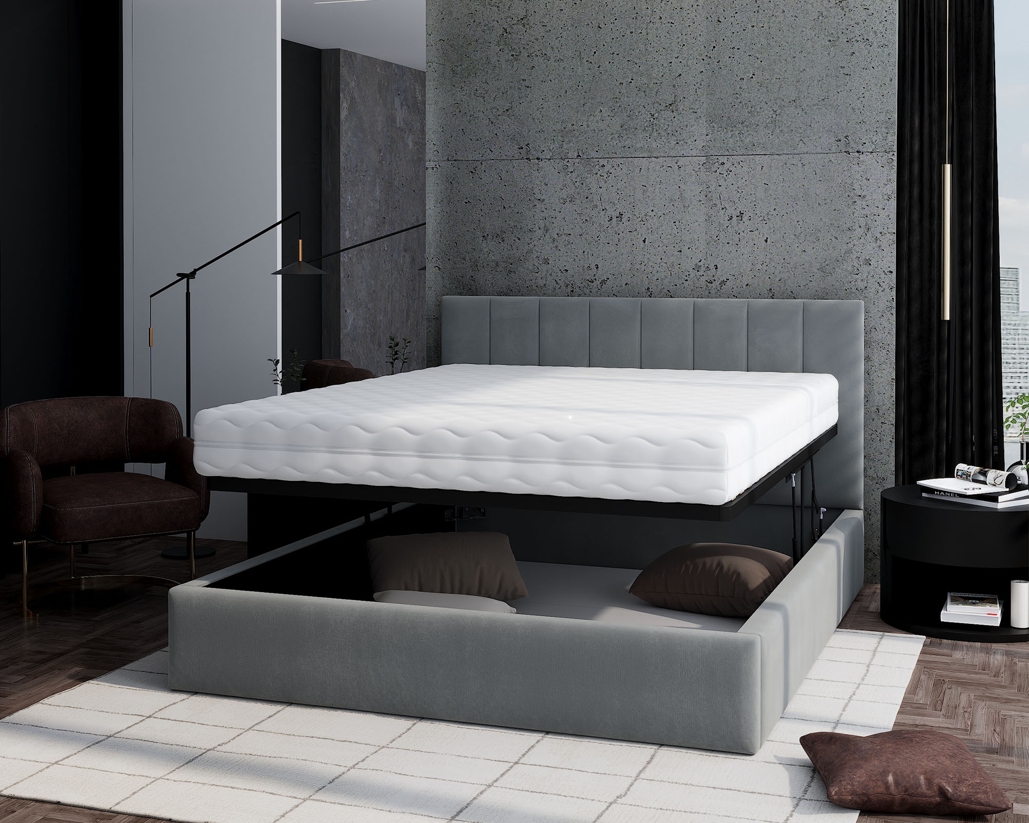 Čalouněná postel JUSTIN 120x200 Šedá Trinity s úložným prostorem kovový rošt