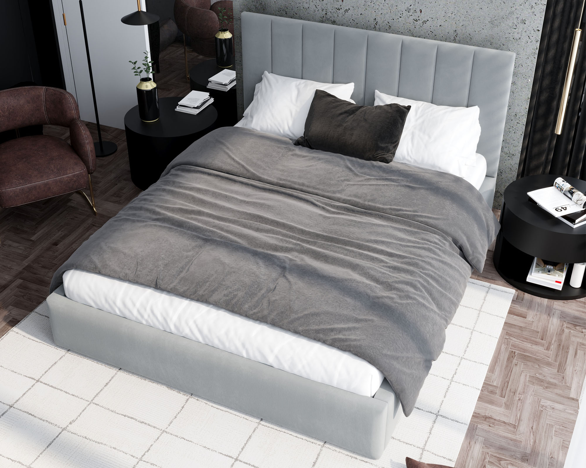 Čalouněná postel JUSTIN 160x200 Šedá Trinity s úložným prostorem kovový rošt