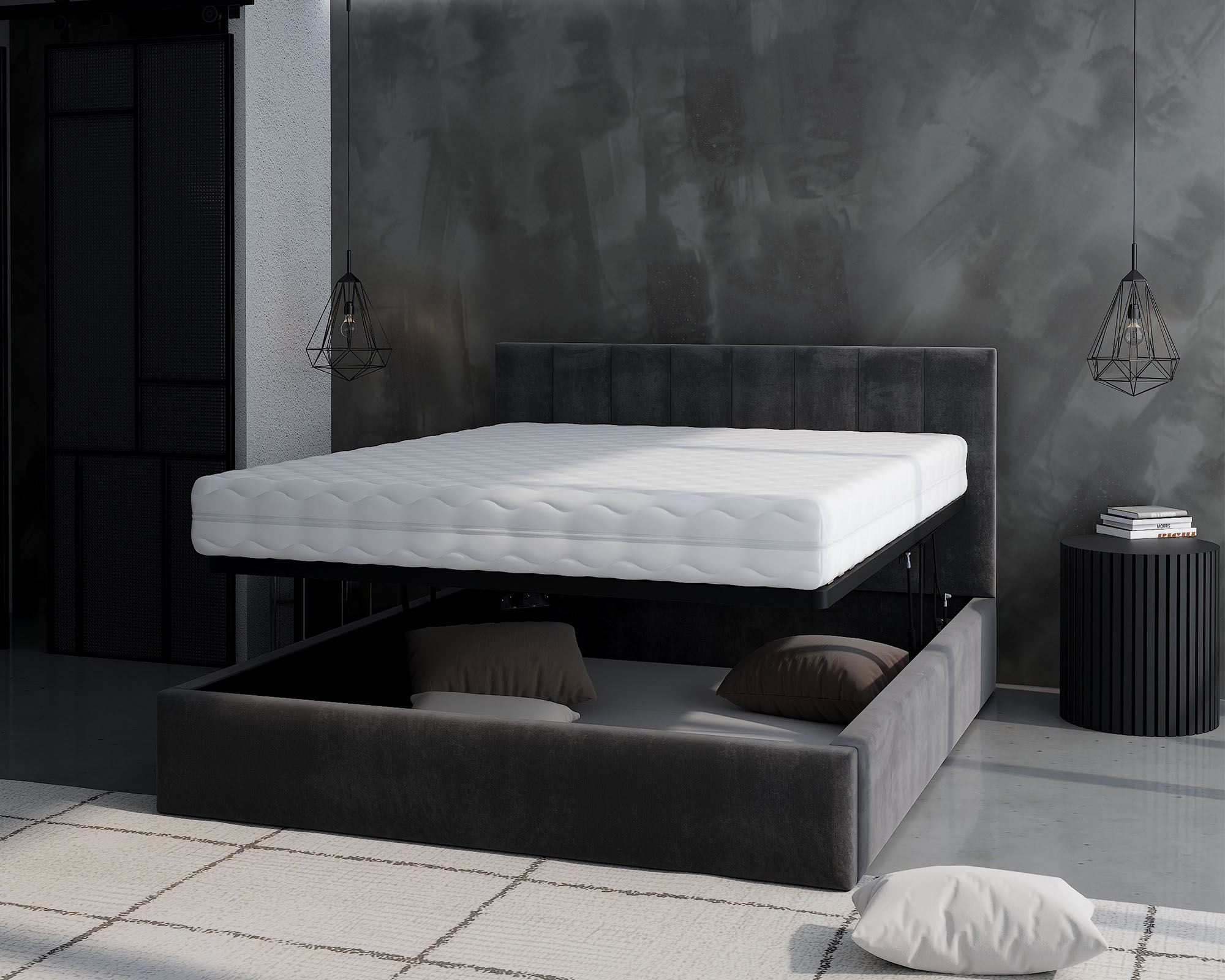 Čalouněná postel JUSTIN 180x200 Grafit Trinity s úložným prostorem kovový rošt