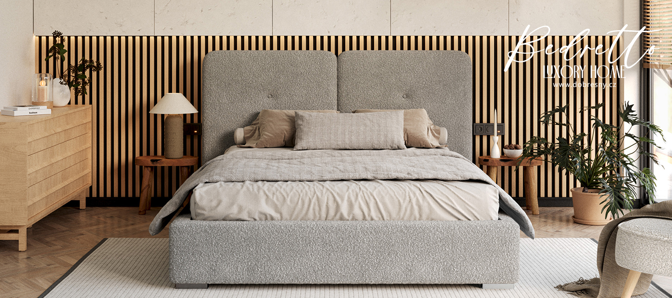 Čalouněná postel BEDRETTO 180x200 Šedá Boucle s úložným prostorem kovový rošt