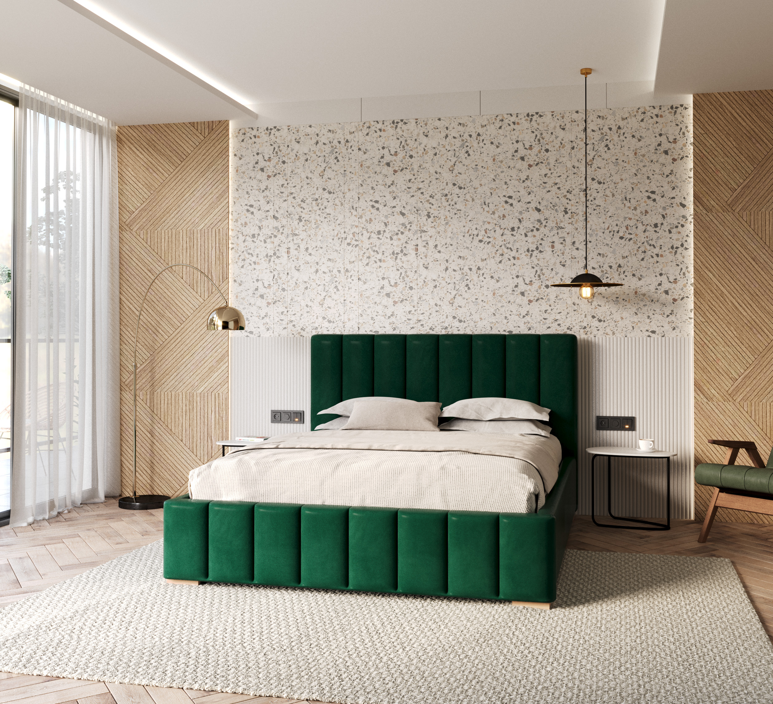 Čalouněná postel AUSTIN 160x200 cm Zelená Trinity s úložným prostorem kovový rošt