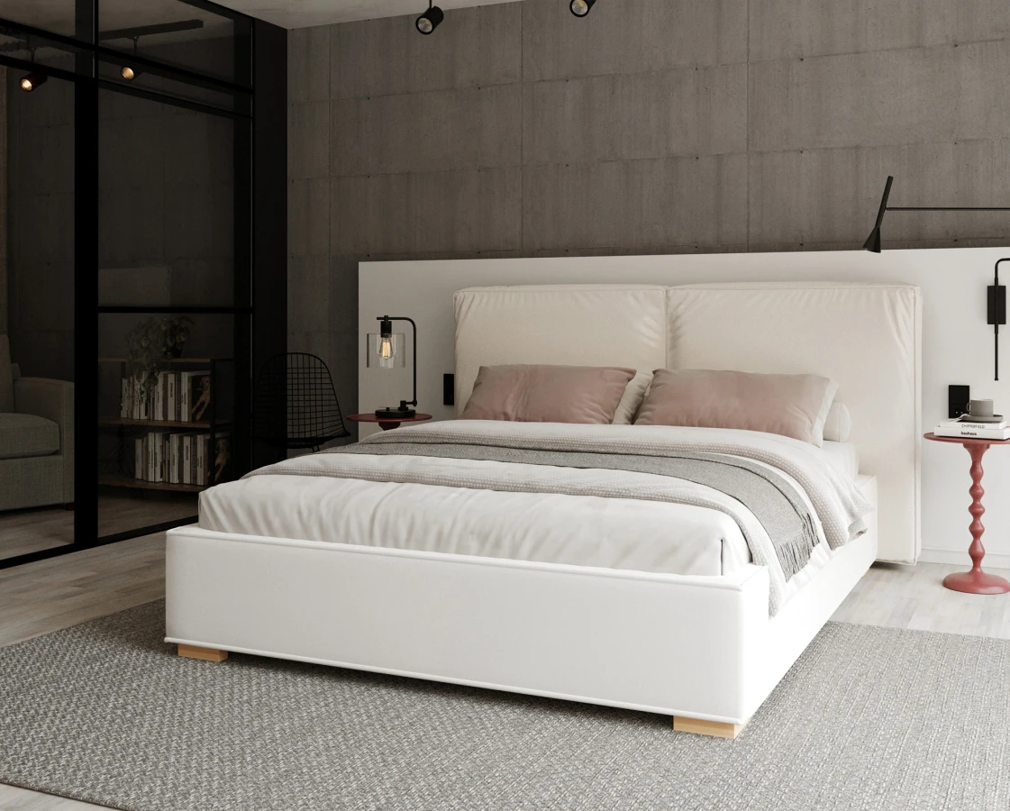 Čalouněná postel BRISTOL 140x200 Bílá Trinity s úložným prostorem kovový rošt