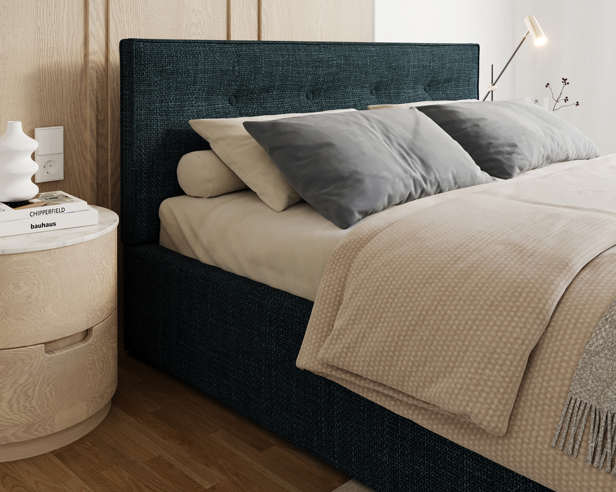 Čalouněná postel TULSA 120x200 s kovovým zdvižným roštem OTTAWA TMAVĚ MODRÁ