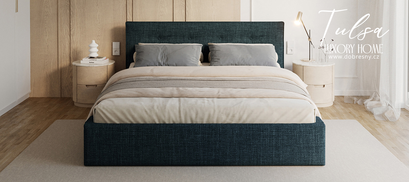 Čalouněná postel TULSA 160x200 s kovovým zdvižným roštem OTTAWA TMAVĚ MODRÁ
