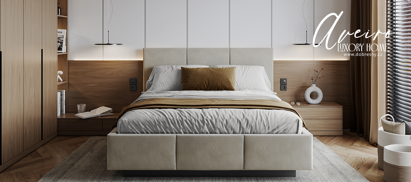 Luxusní postel AVEIRO 140x200 s kovovým zdvižným roštem PARIS KRÉMOVÁ