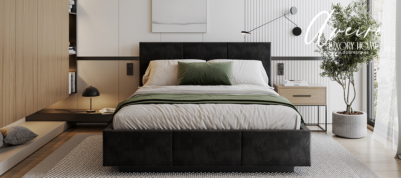 Luxusní postel AVEIRO 140x200 s kovovým zdvižným roštem PARIS ČERNÁ