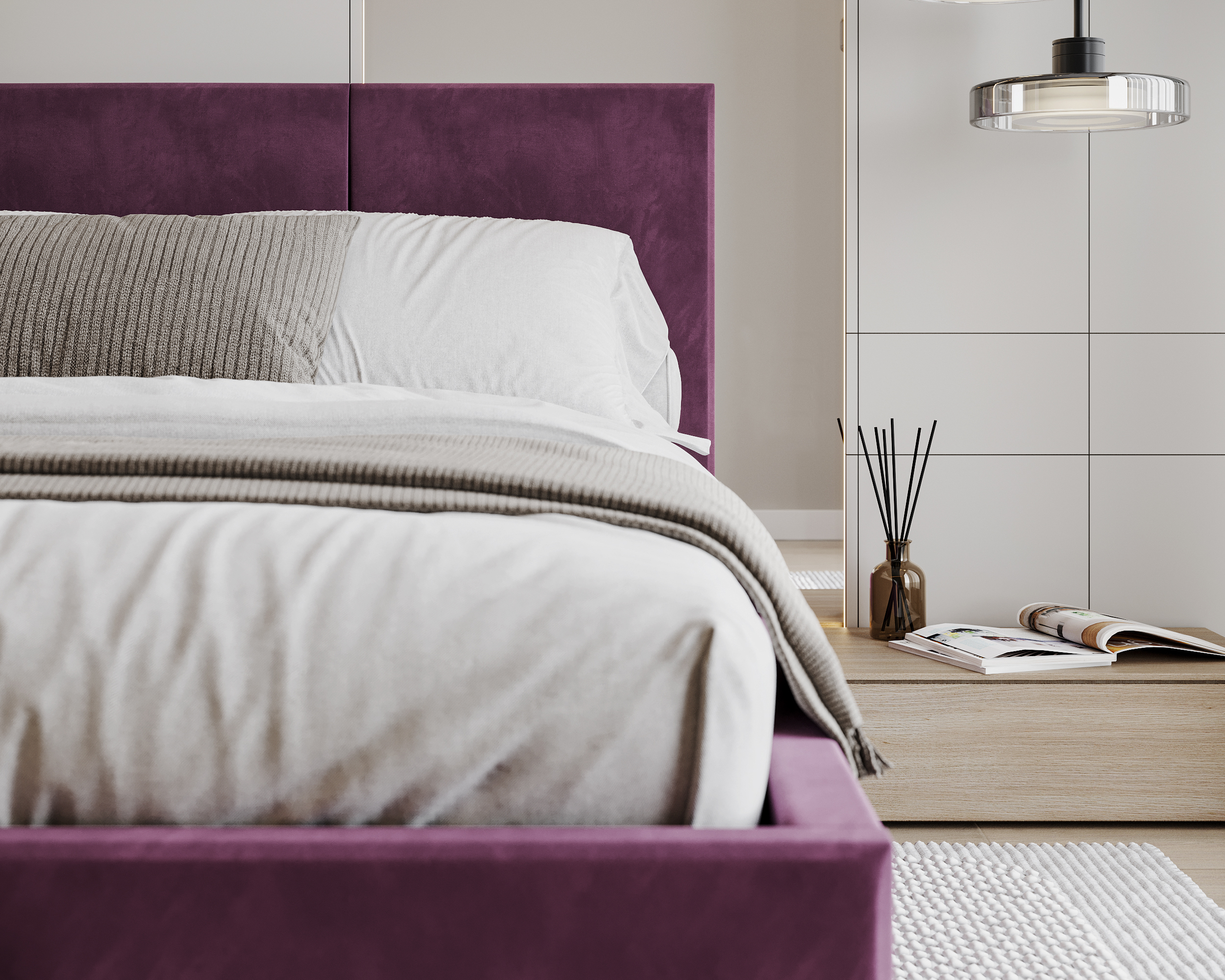 Čalouněná postel AVEIRO 140x200 s kovovým zdvižným roštem PARIS FIALOVÁ